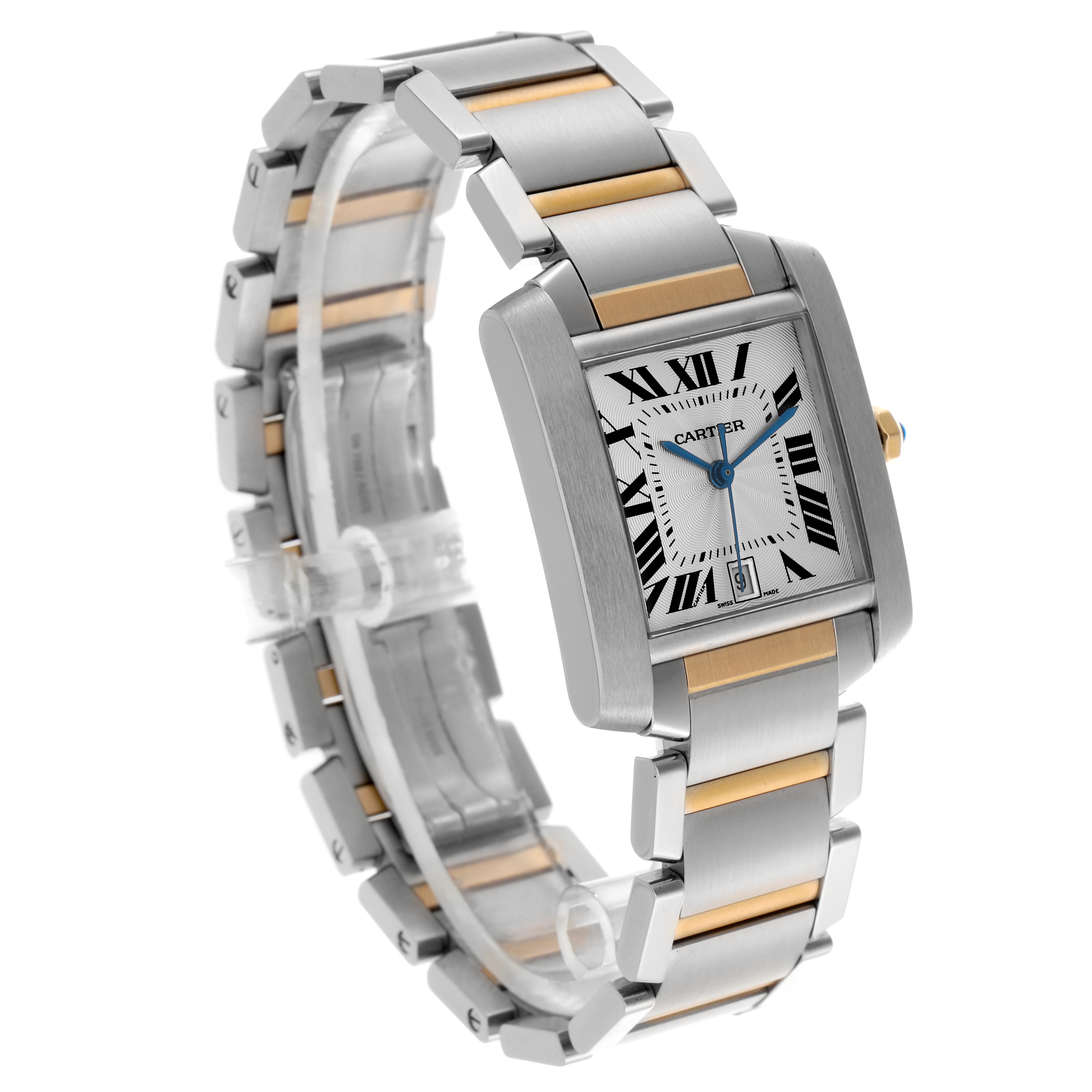 The Cartier Tank Francaise W51005Q4 Men
s Steel and Gold (two tone) Silver Dial W51005Q4 Men
s Steel and Gold (two tone) Silver Dial watch is shown at a three-quarter angle, highlighting the face, bracelet, and crown.