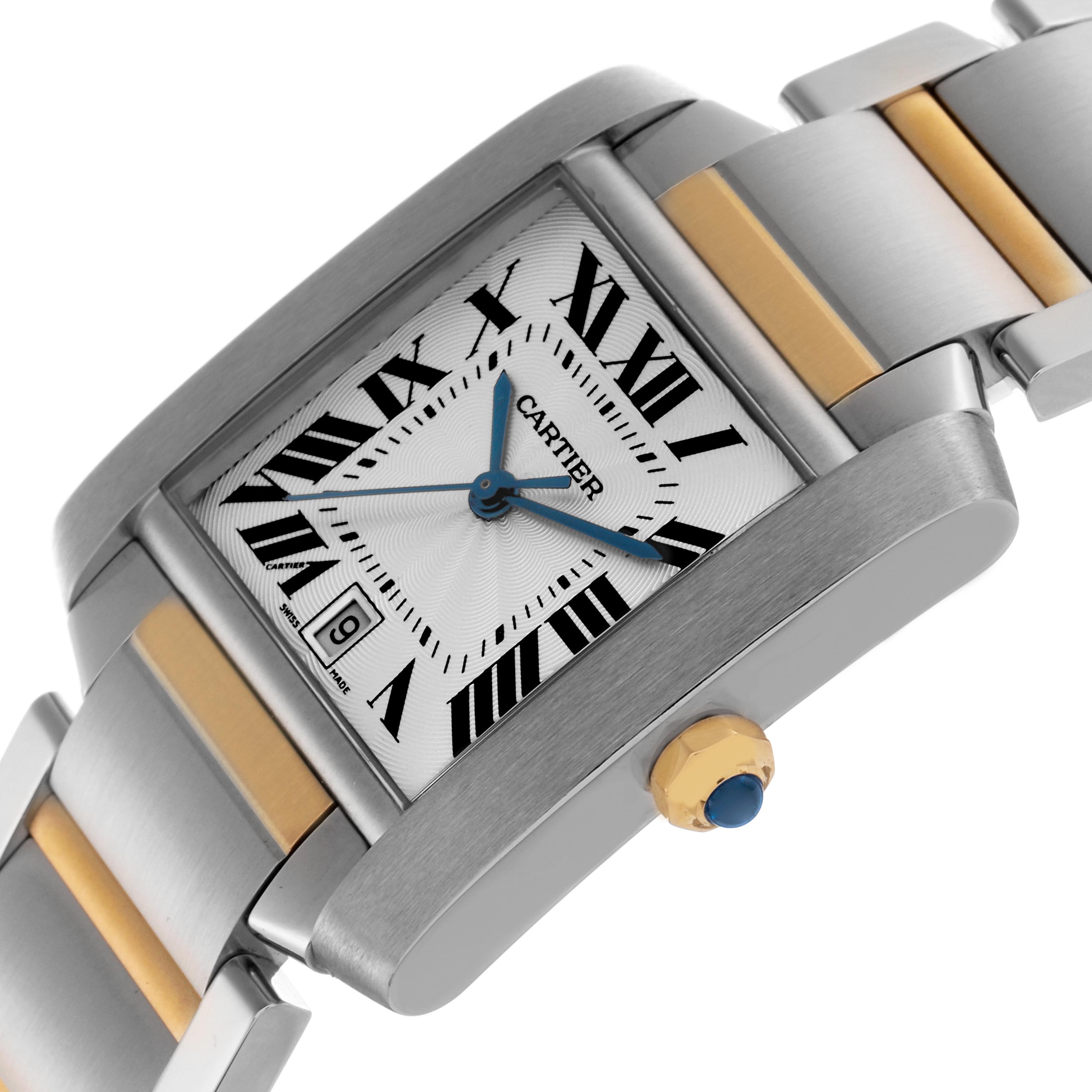 The Cartier Tank Française watch is shown at an angled close-up, highlighting the dial, bracelet, and crown details.