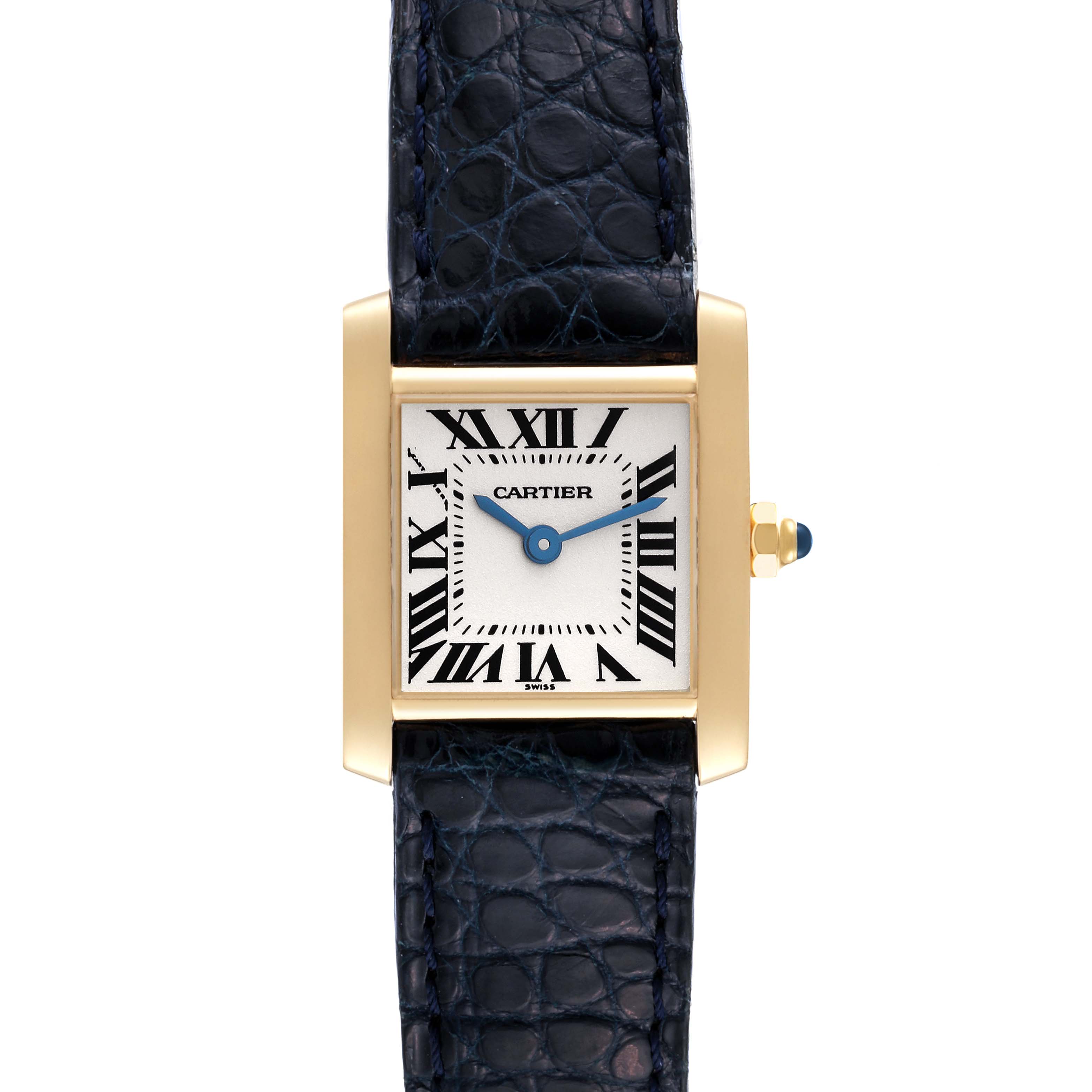 The Cartier Tank Francaise W5000256 Women's Yellow Gold Silver Dial W5000256 Women's Yellow Gold Silver Dial watch is shown from a direct front angle, highlighting its square face, Roman numerals, and leather strap.