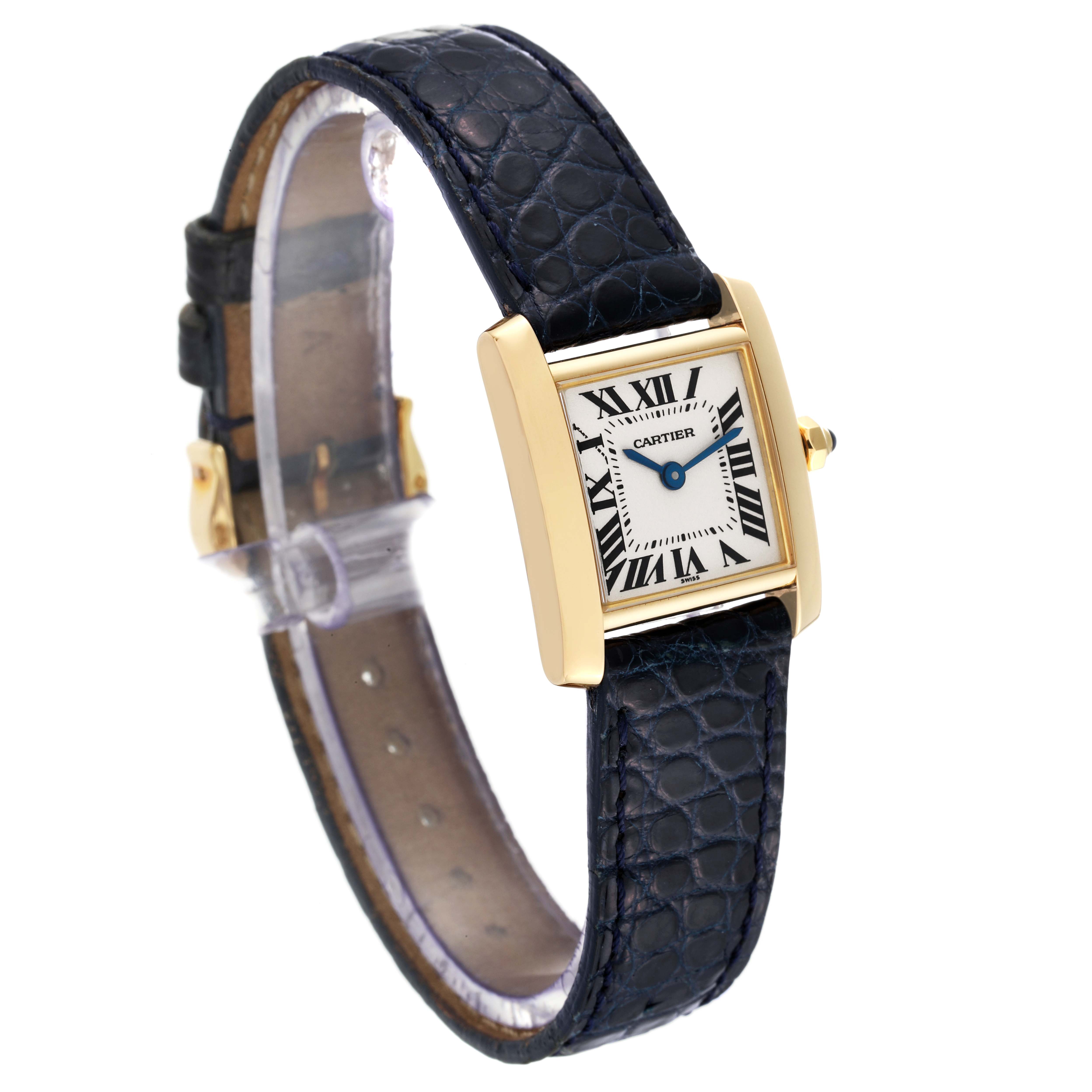 The image shows a Cartier Tank Francaise W5000256 Women's Yellow Gold Silver Dial W5000256 Women's Yellow Gold Silver Dial watch at an angled side view, displaying its rectangular face, Roman numerals, and leather strap.
