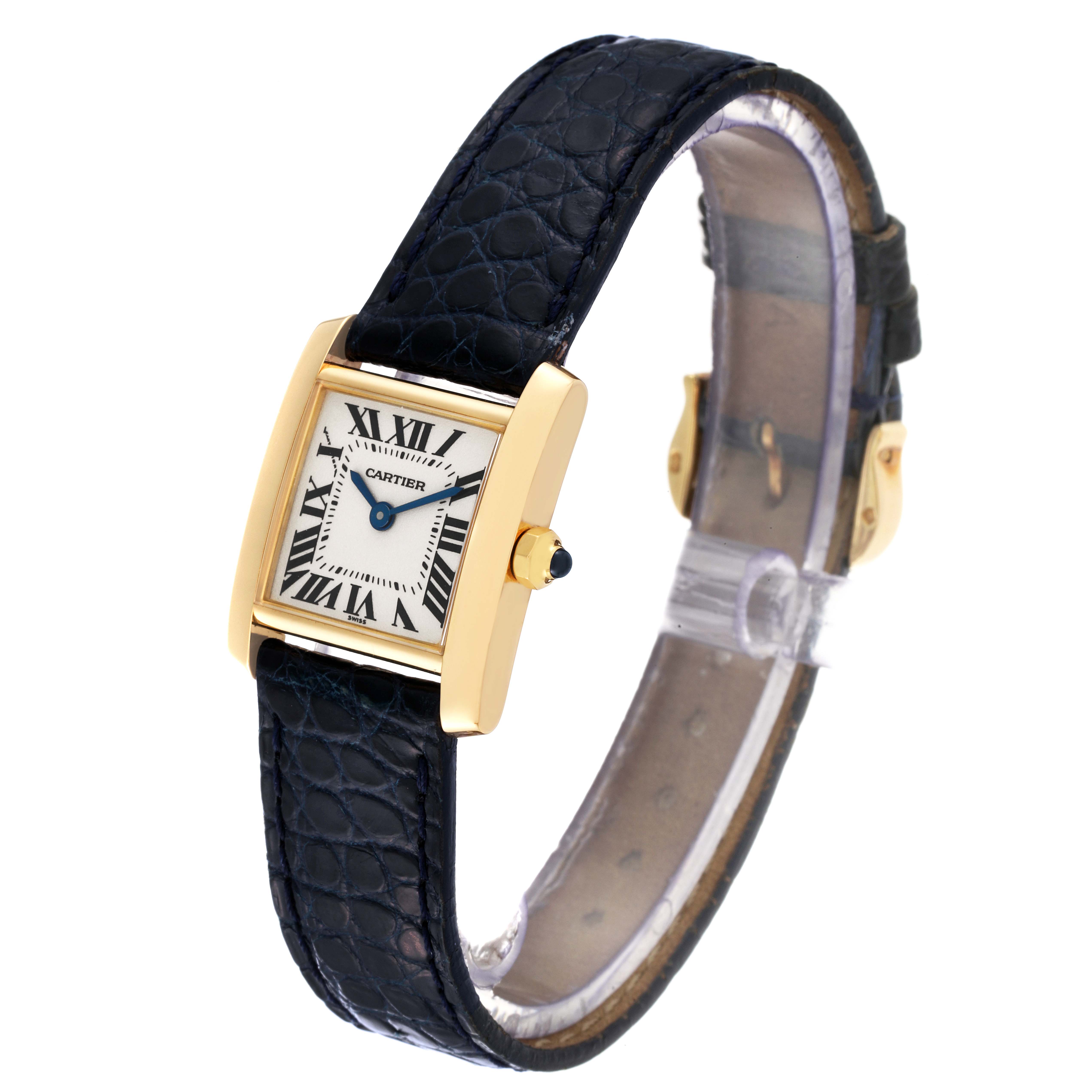 The image shows a Cartier Tank Francaise W5000256 Women's Yellow Gold Silver Dial W5000256 Women's Yellow Gold Silver Dial watch from a front-side angle, highlighting its rectangular face and leather strap.