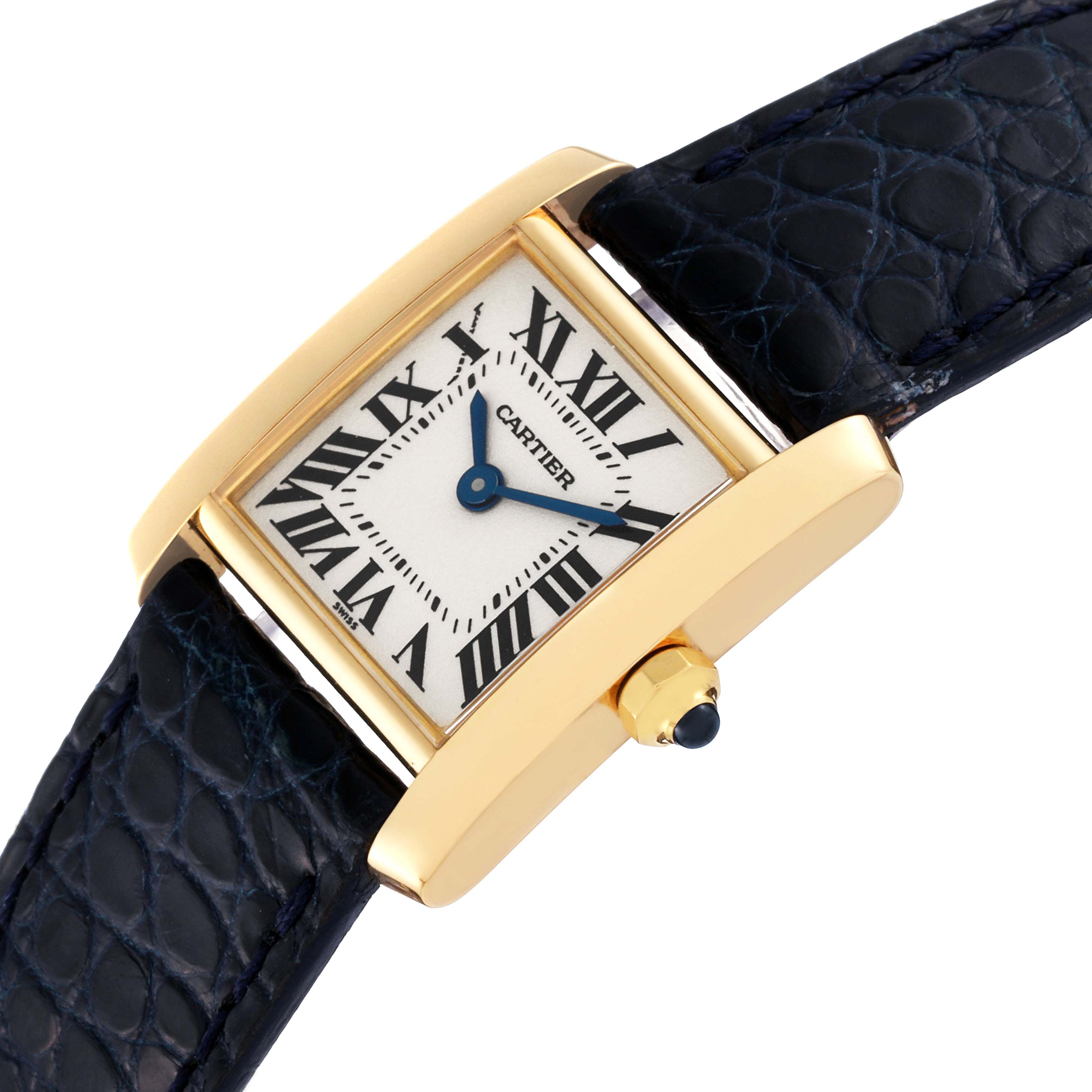 The image shows a close-up angled view of a Cartier Tank Francaise W5000256 Women's Yellow Gold Silver Dial W5000256 Women's Yellow Gold Silver Dial watch, highlighting its gold case, Roman numeral dial, and black leather strap.