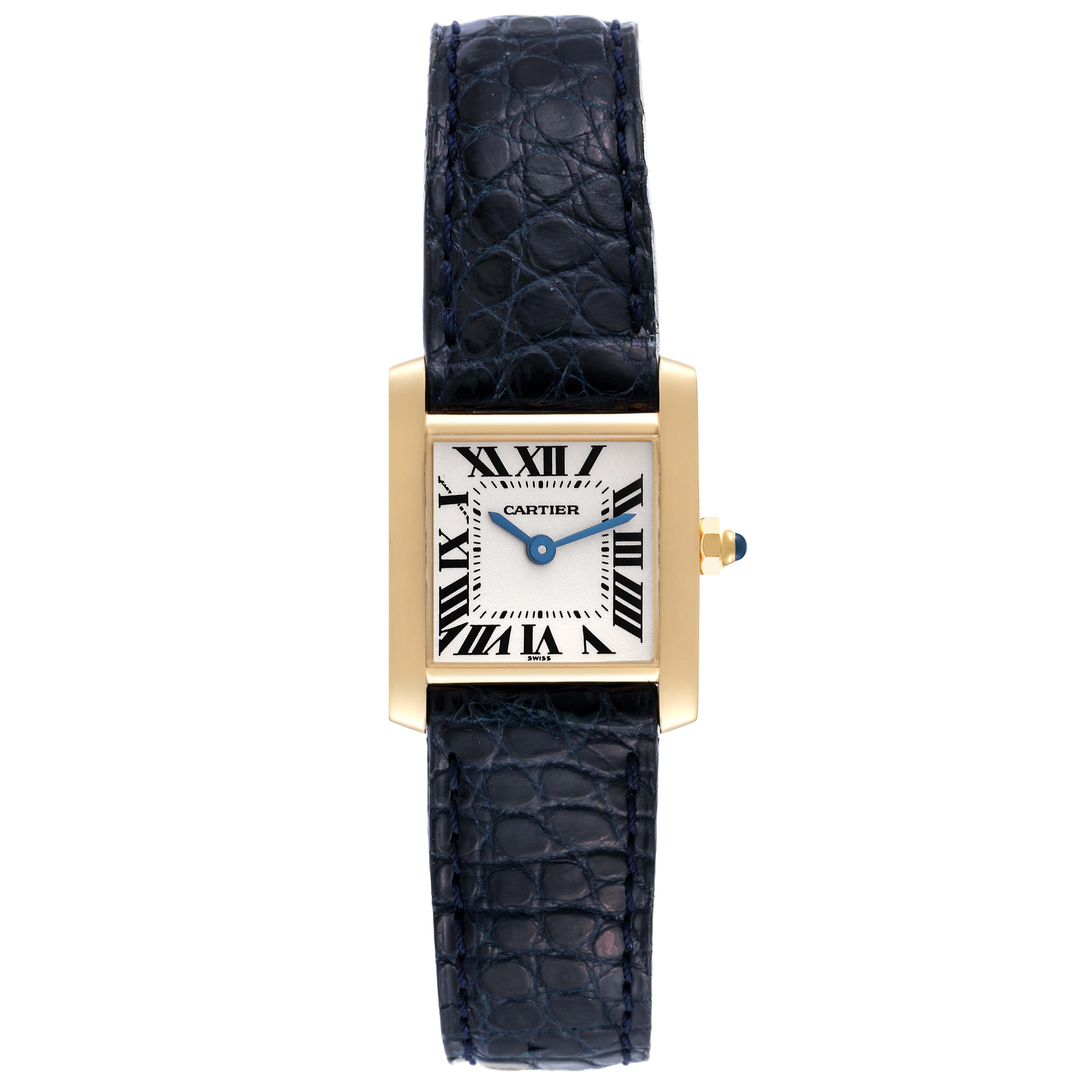 The image shows a front view of the Cartier Tank Francaise W5000256 Women's Yellow Gold Silver Dial W5000256 Women's Yellow Gold Silver Dial watch with its dial, hands, case, and leather band visible.
