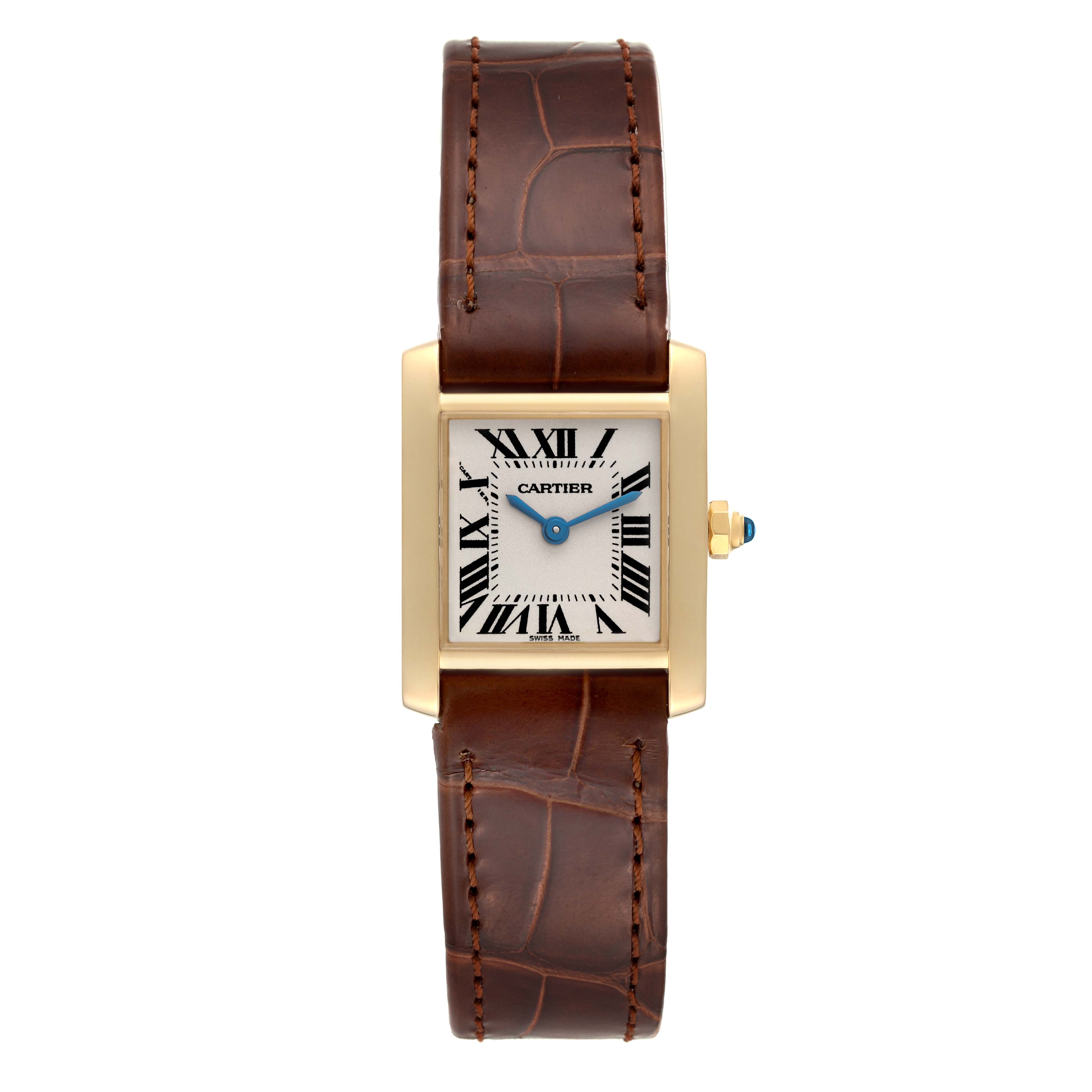 The image shows a Cartier Tank Française watch from a front angle, featuring a brown leather band and a rectangular gold case with Roman numerals.