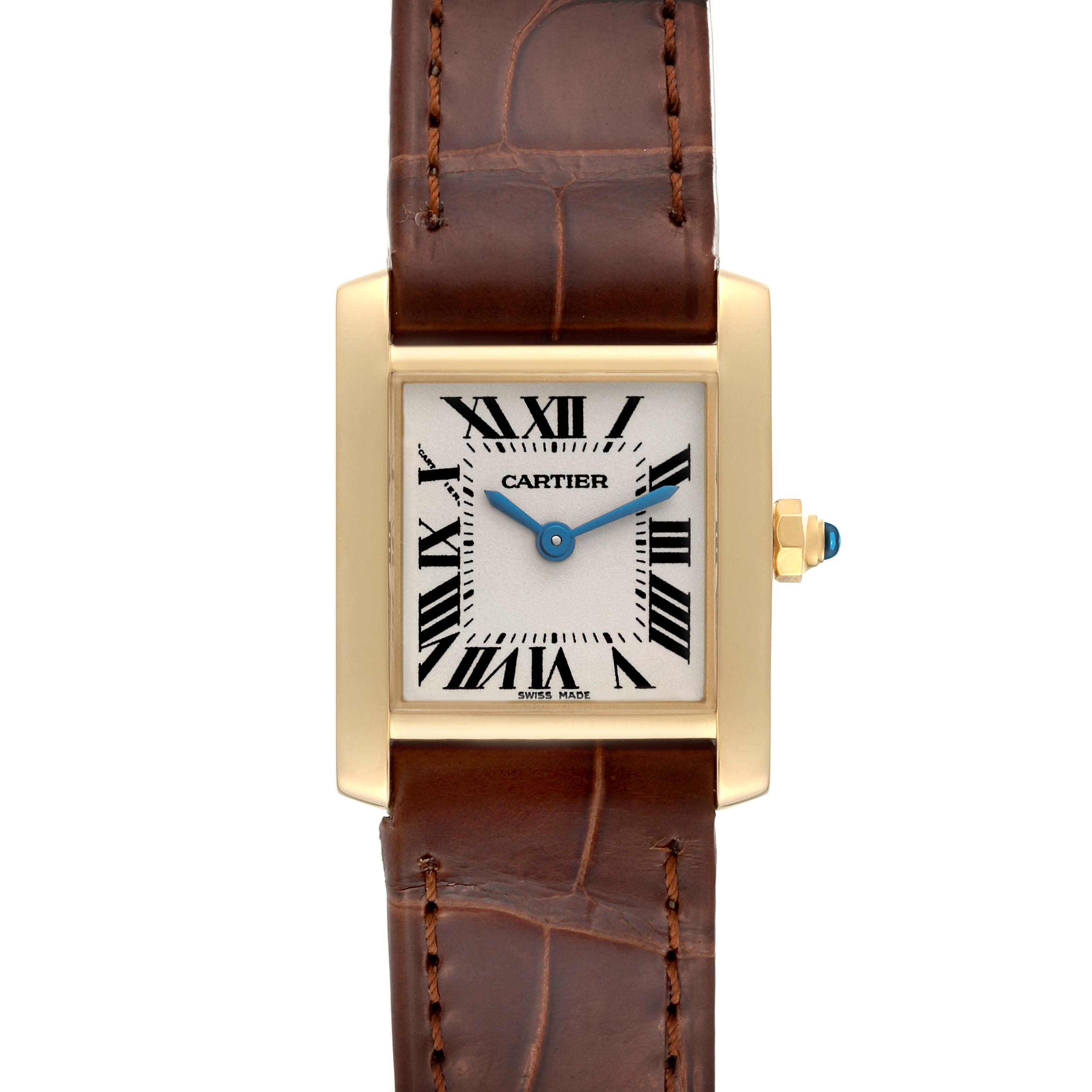 The image shows a Cartier Tank Francaise W5000256 Women
s Yellow Gold Silver Dial W5000256 Women
s Yellow Gold Silver Dial watch front on, featuring a rectangular dial and brown leather strap.