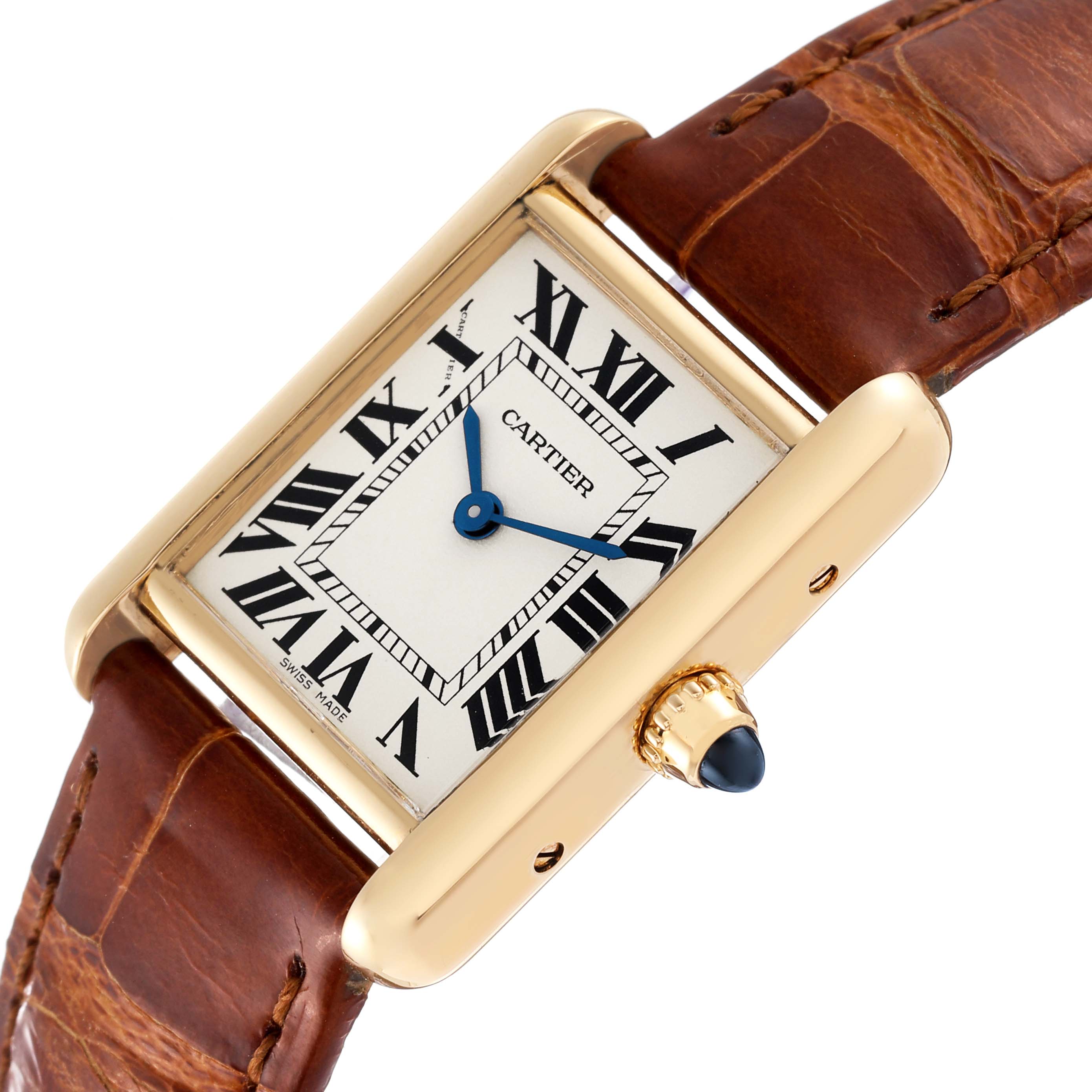 The image shows a diagonal view of the dial, case, and crown of the Cartier Tank Louis W1529856 Women's Yellow Gold Silver Dial W1529856 Women's Yellow Gold Silver Dial watch with a brown leather strap.