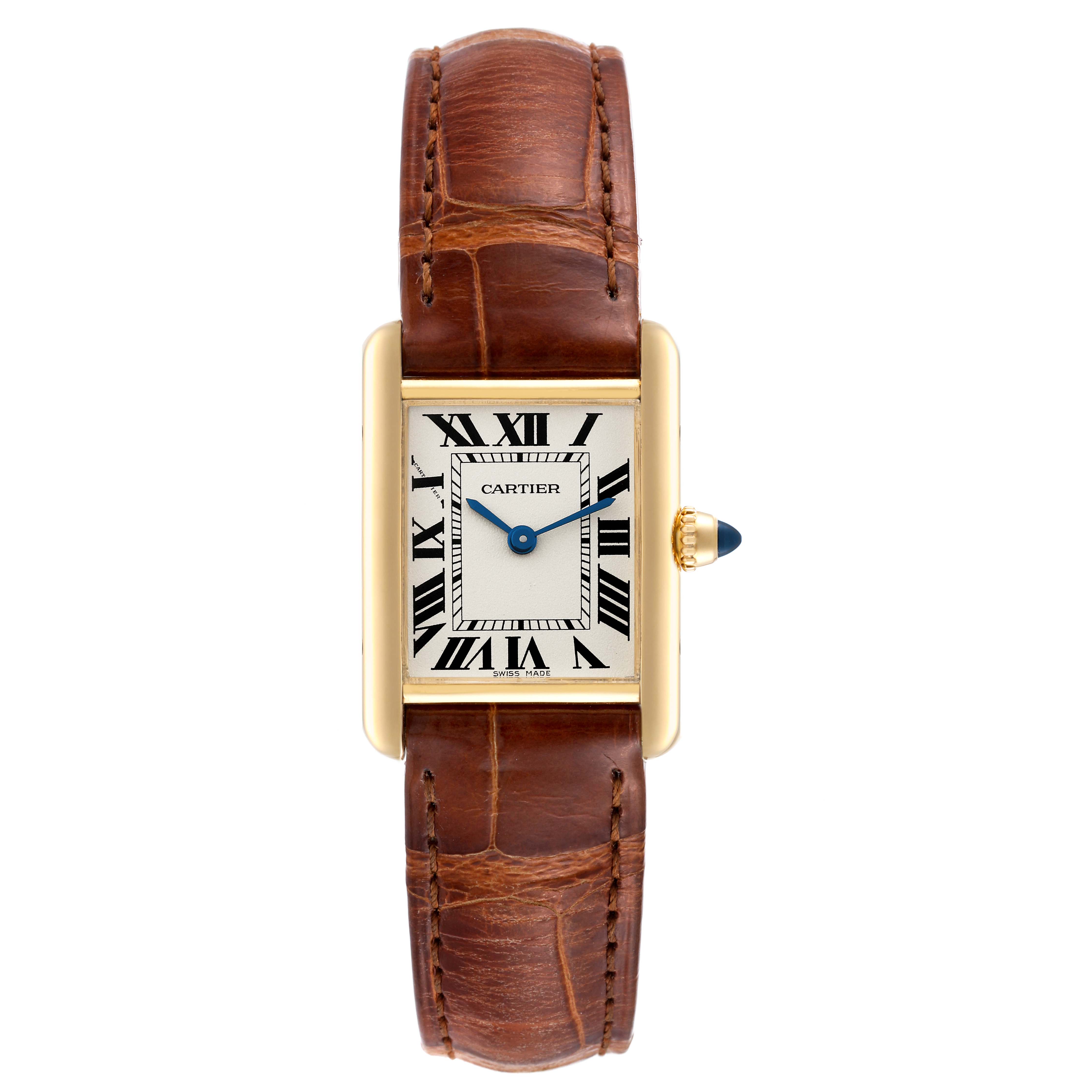 This image shows a Cartier Tank Louis W1529856 Women's Yellow Gold Silver Dial W1529856 Women's Yellow Gold Silver Dial watch from a top-down angle, displaying the dial, strap, and crown.