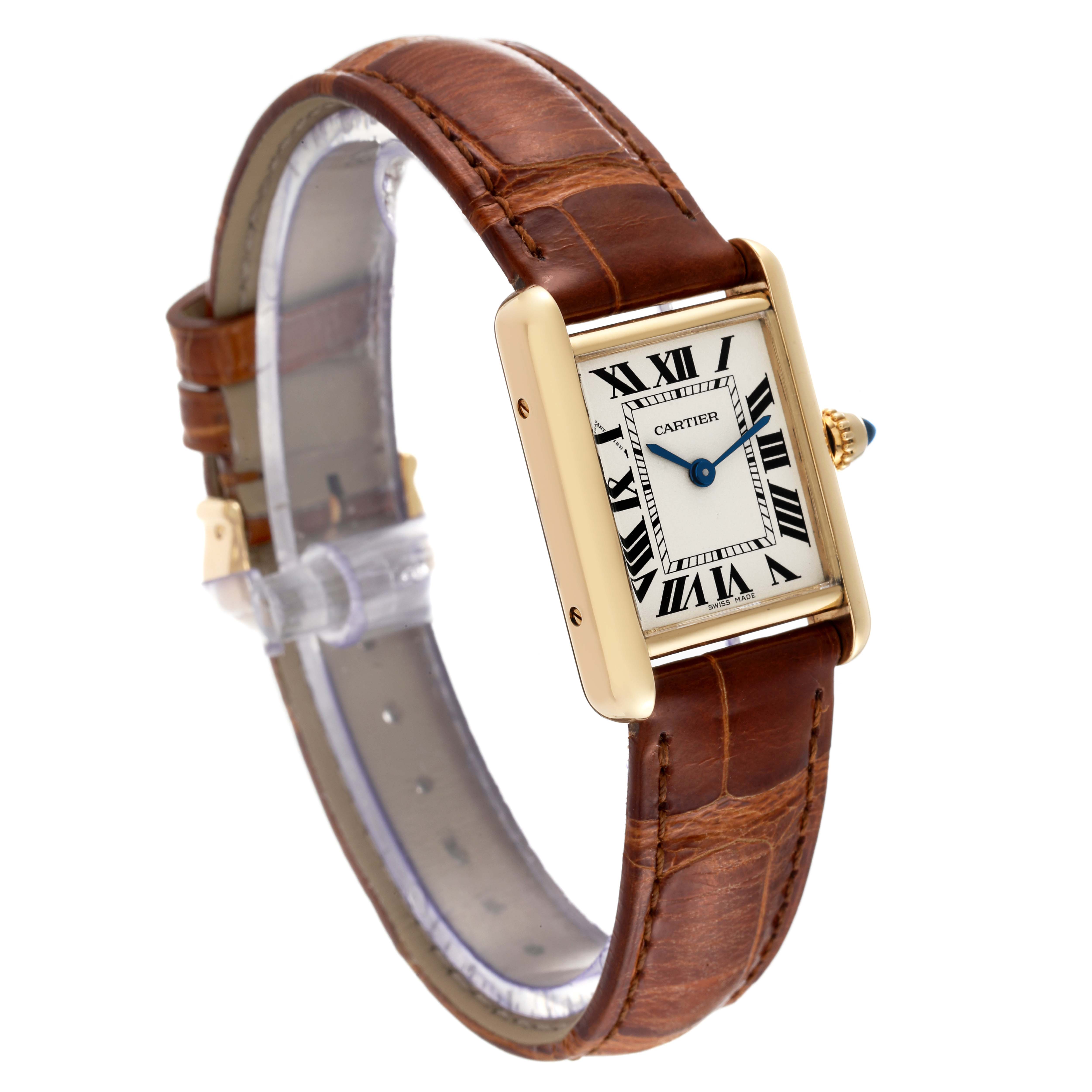 The Cartier Tank Louis W1529856 Women's Yellow Gold Silver Dial W1529856 Women's Yellow Gold Silver Dial watch is shown at an angled side view displaying the face, case, crown, and leather strap.