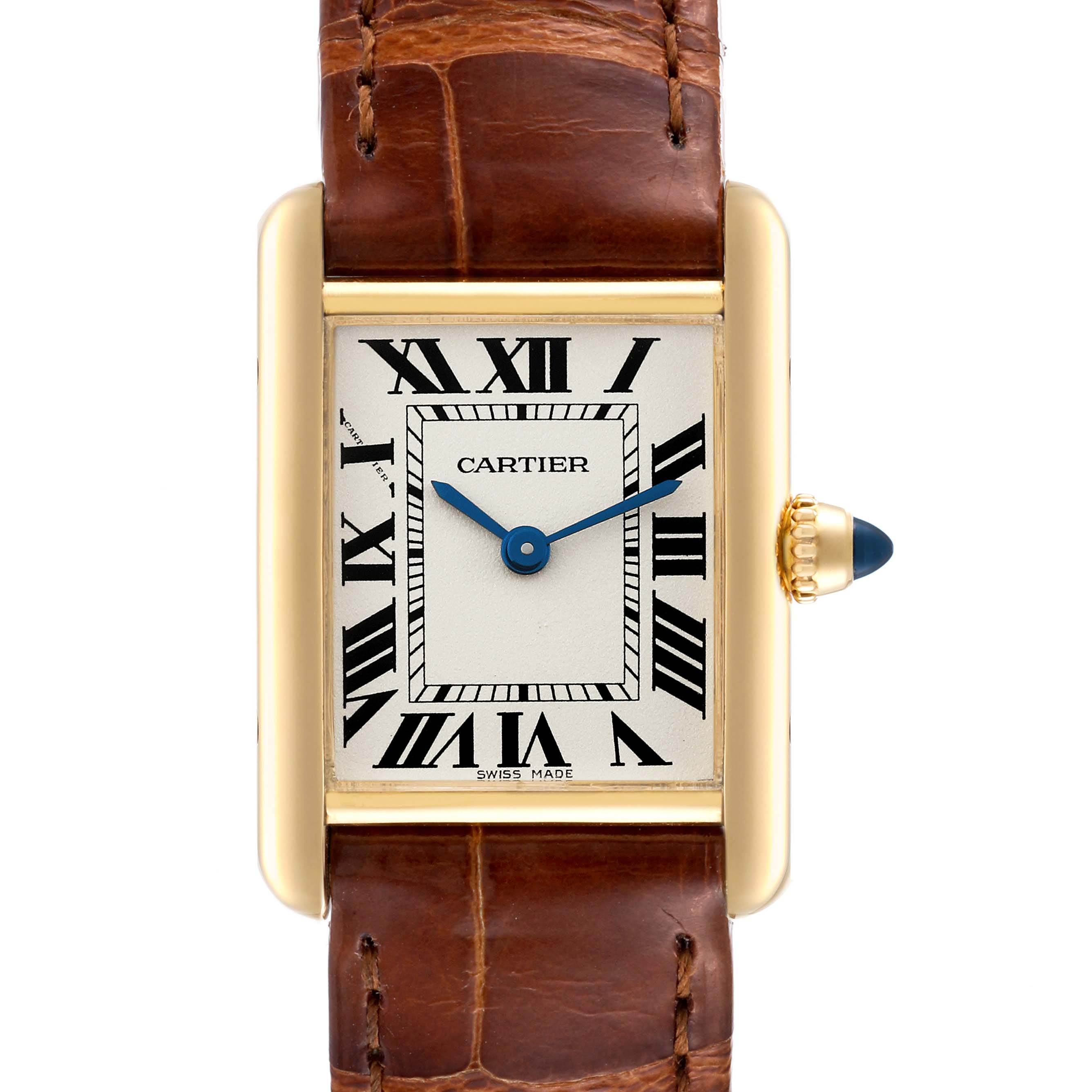 The image shows a front view of the Cartier Tank Louis W1529856 Women's Yellow Gold Silver Dial W1529856 Women's Yellow Gold Silver Dial watch, highlighting its rectangular dial, Roman numerals, and leather strap.