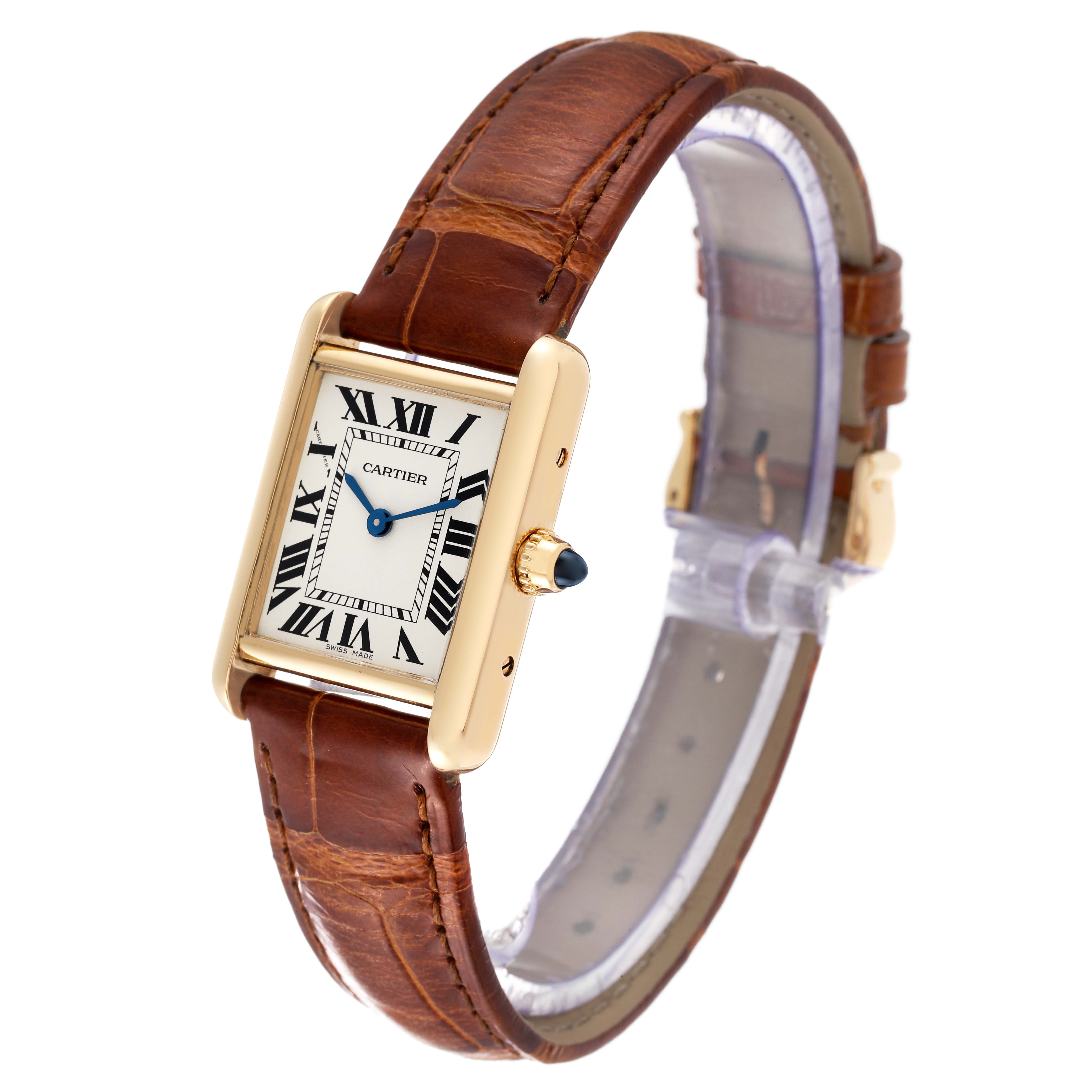 The image shows a frontal view of the Cartier Tank Louis W1529856 Women's Yellow Gold Silver Dial W1529856 Women's Yellow Gold Silver Dial watch, displaying the face, crown, and brown leather strap.