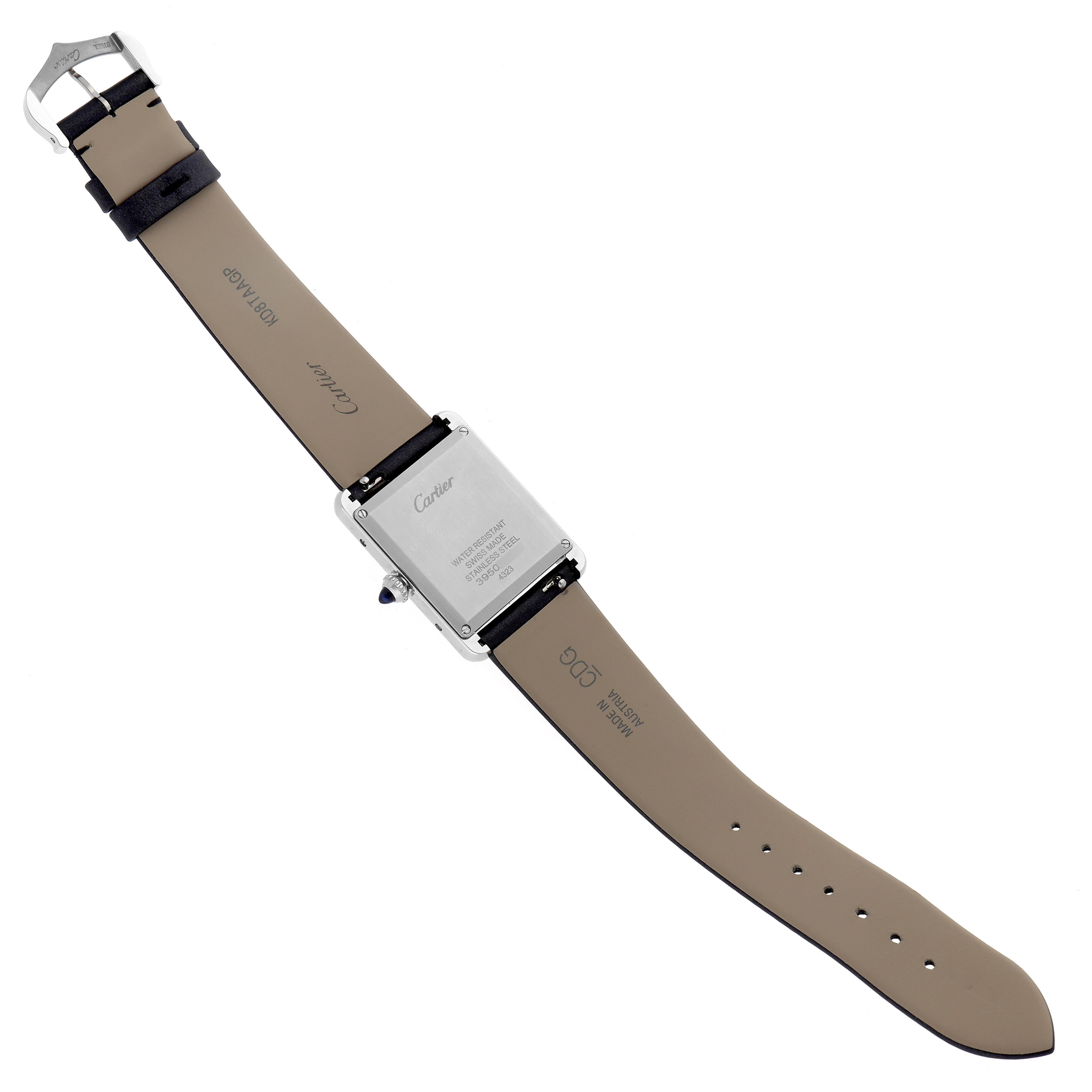 The image shows the back of a Cartier Tank Must W4TA0017 Women
s Stainless Steel Silver Dial W4TA0017 Women
s Stainless Steel Silver Dial watch with its buckle and strap visible.