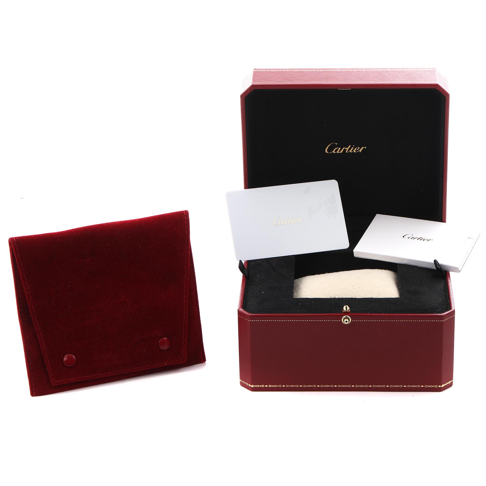 The image shows the Cartier Tank Must W4TA0017 Women
s Stainless Steel Silver Dial W4TA0017 Women
s Stainless Steel Silver Dial watch box, open with cards inside, and a red velvet pouch beside it.