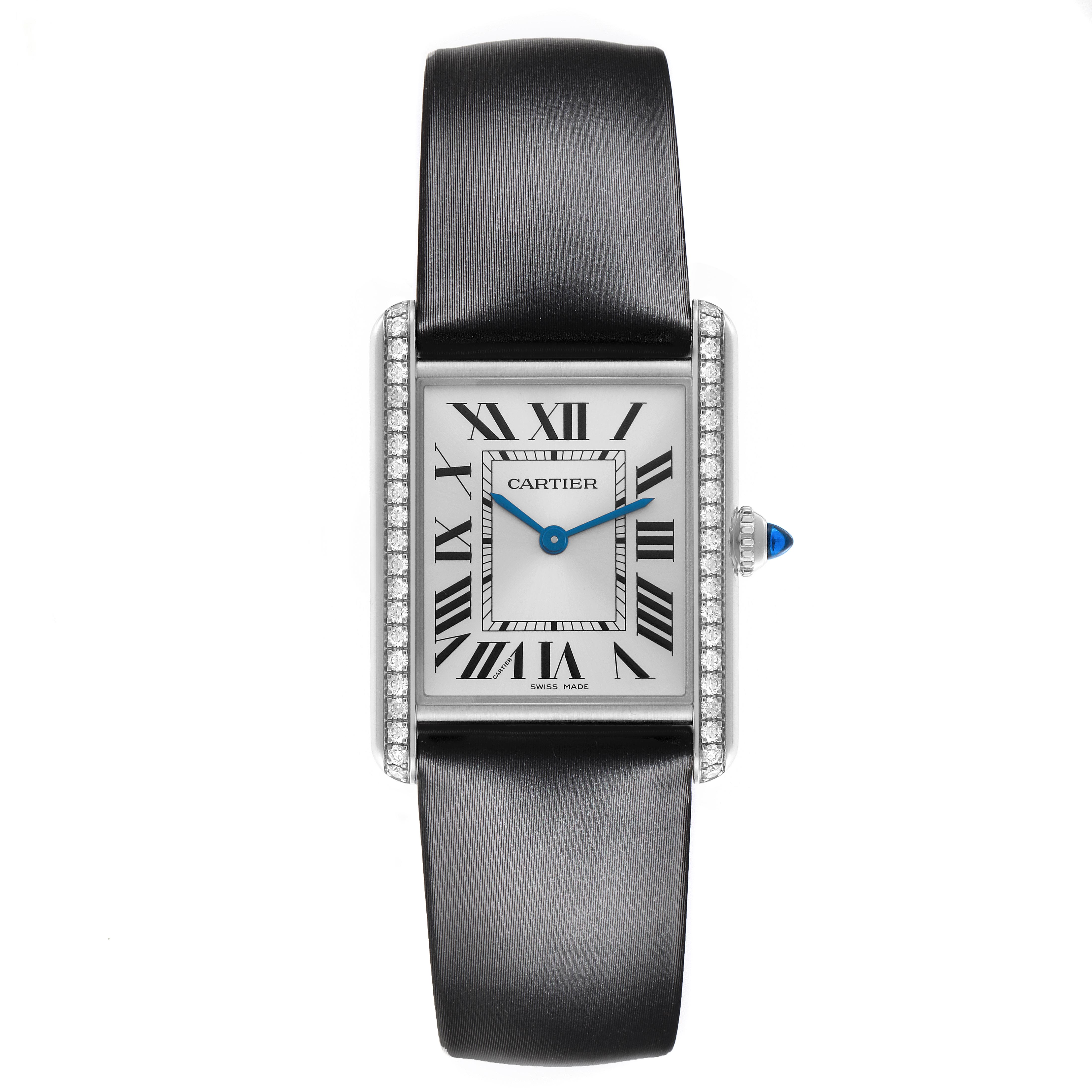 The Cartier Tank Must W4TA0017 Women
s Stainless Steel Silver Dial W4TA0017 Women
s Stainless Steel Silver Dial watch is shown from the front, highlighting its rectangular case, black strap, and Roman numeral dial.