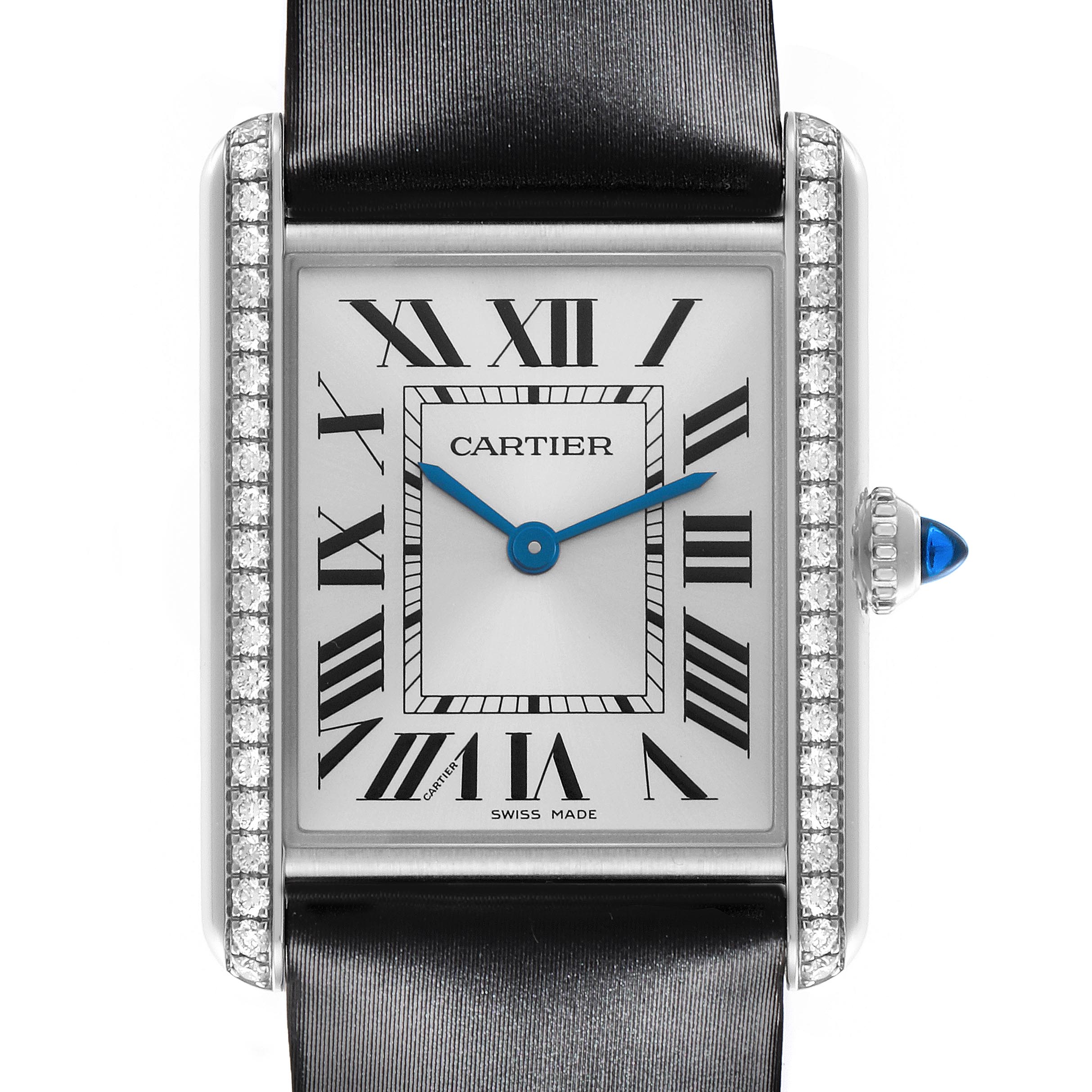 The Cartier Tank Must W4TA0017 Women
s Stainless Steel Silver Dial W4TA0017 Women
s Stainless Steel Silver Dial watch is shown from a front view, highlighting the face, Roman numerals, blue hands, diamond bezel, and crown detail.