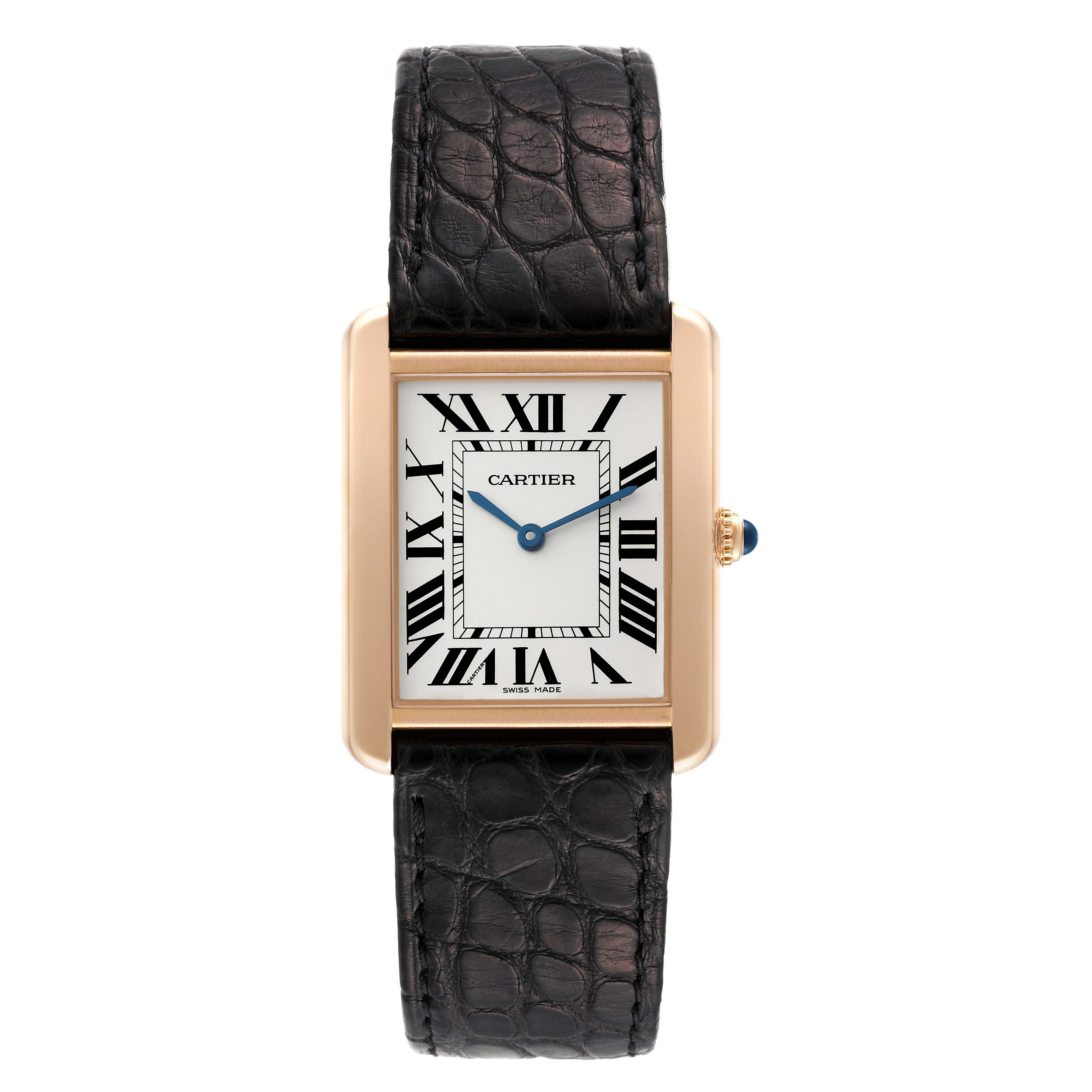 The image shows a Tank Solo model watch by Cartier from a front angle, including the face, strap, and crown.