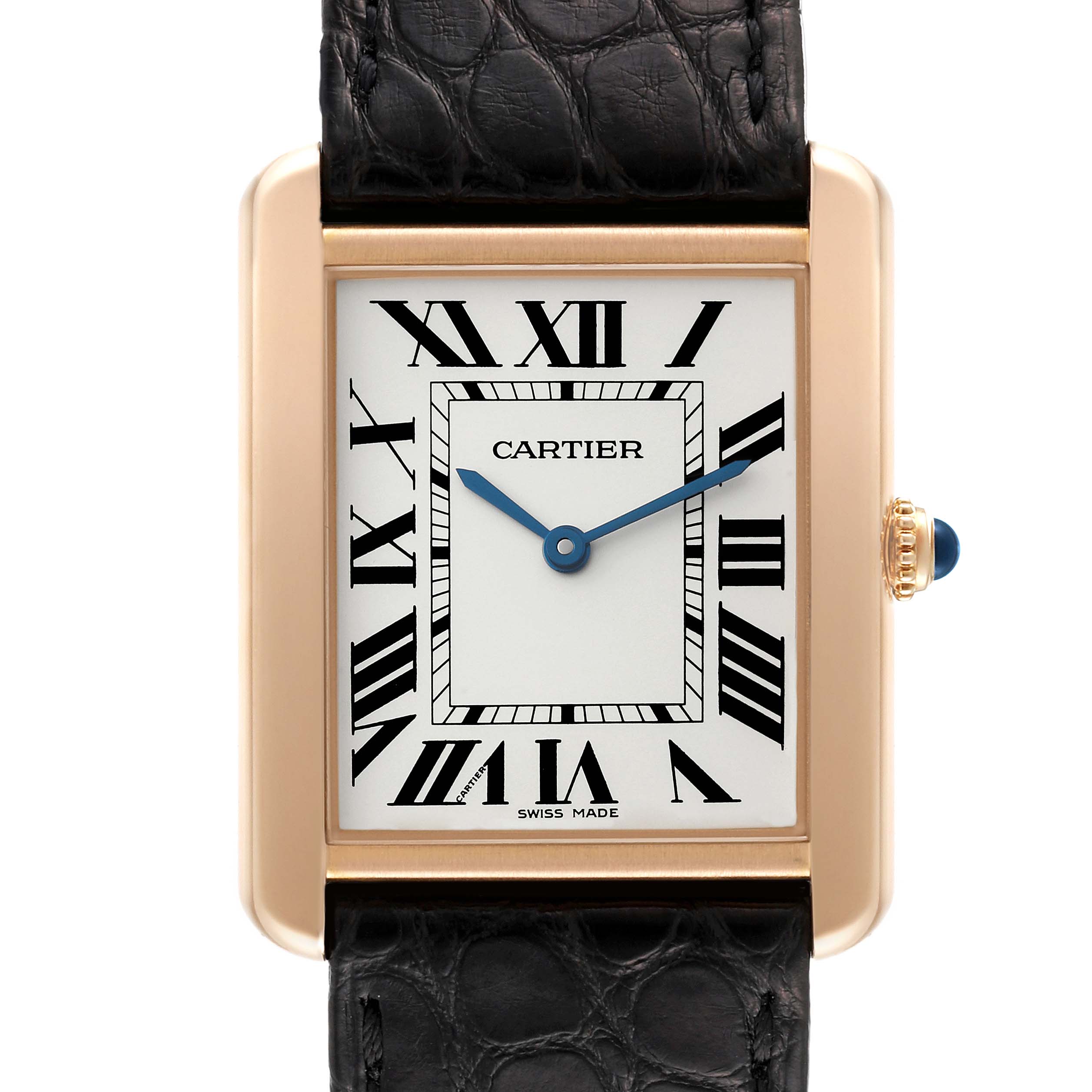 This image shows a frontal view of the Cartier Tank Solo W5200025 Men
s Yellow Gold Silver Dial W5200025 Men
s Yellow Gold Silver Dial watch, highlighting its rectangular face, Roman numerals, and blue hands.