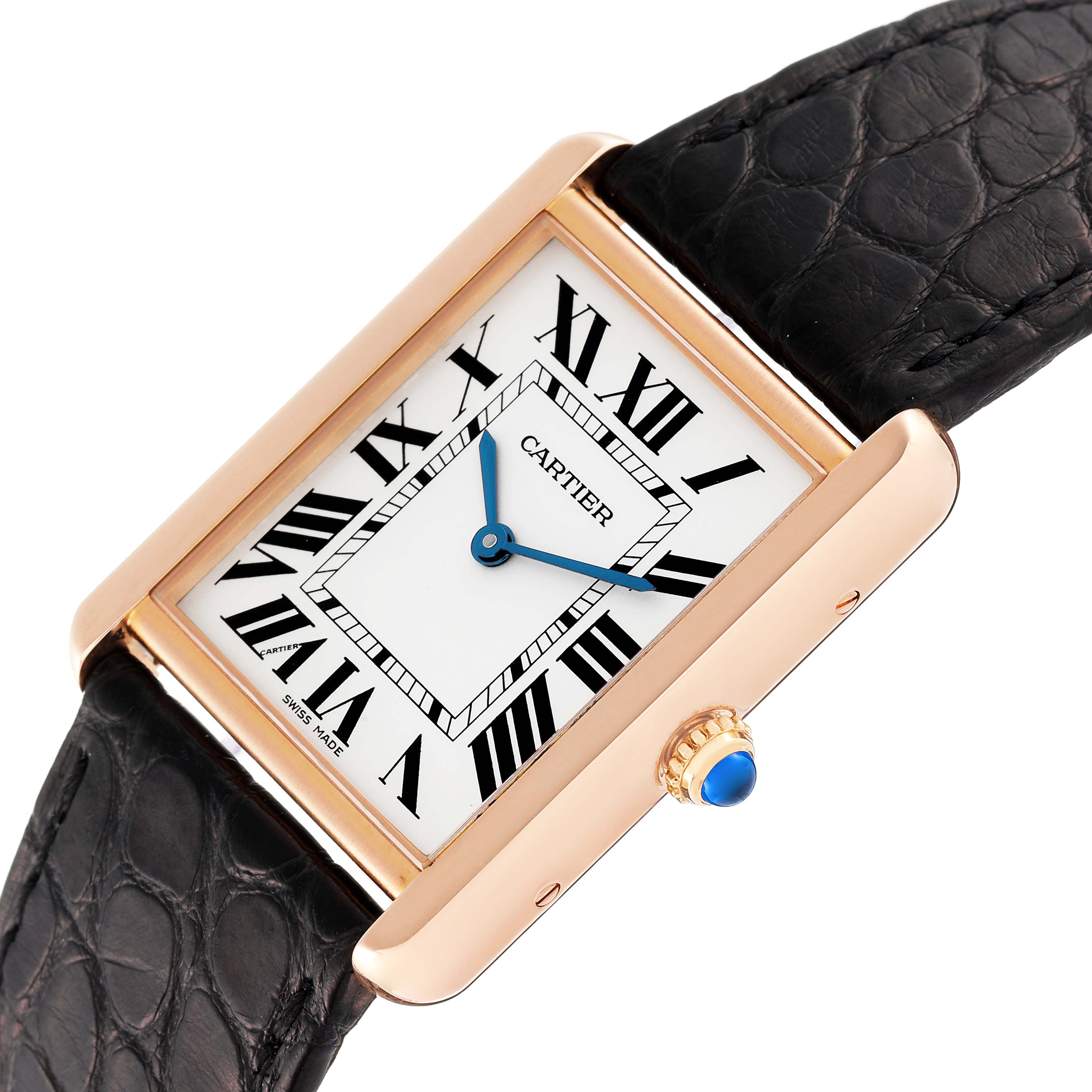 The image shows a close-up side angle of the Cartier Tank Solo W5200025 Men
s Yellow Gold Silver Dial W5200025 Men
s Yellow Gold Silver Dial watch, highlighting its face, leather strap, and crown.