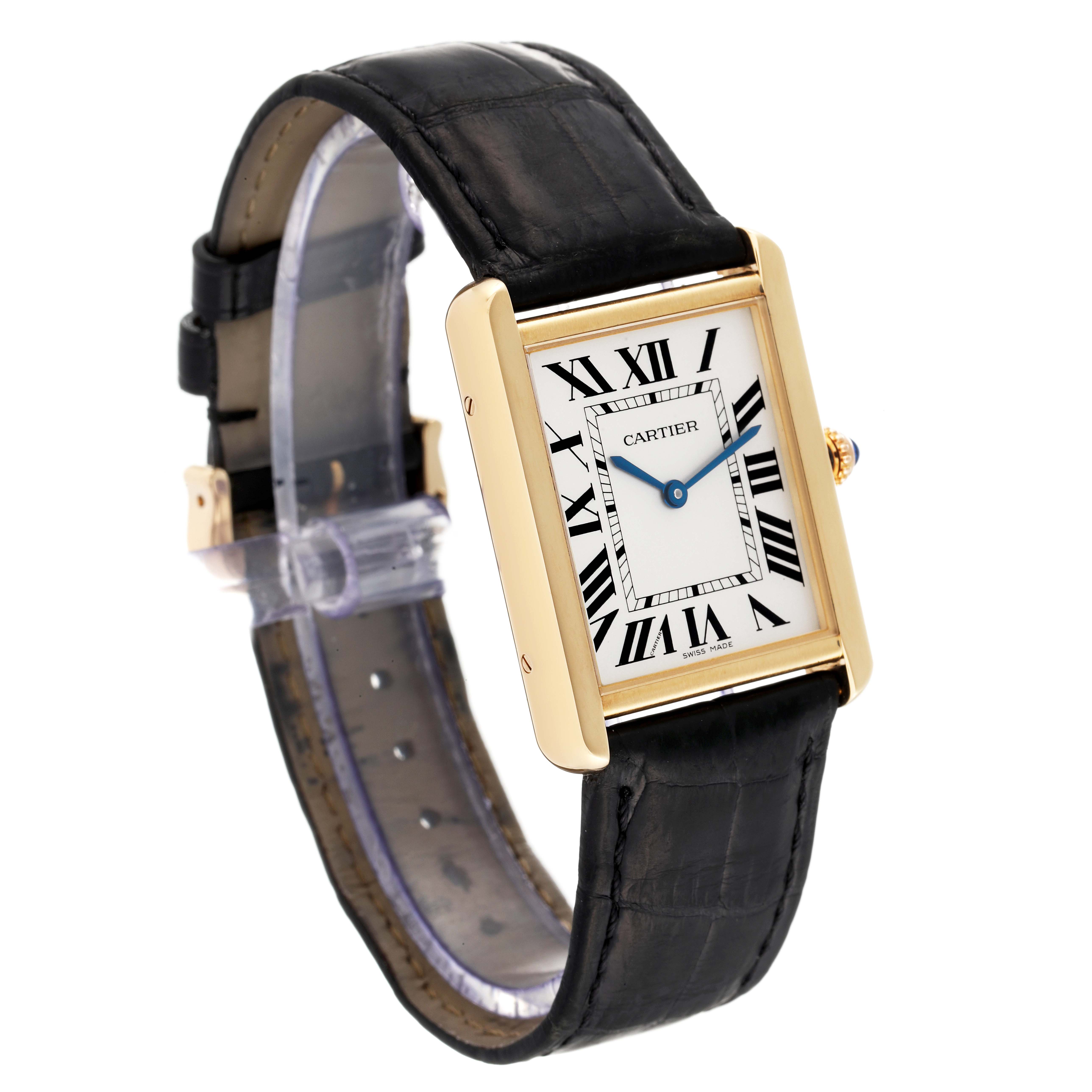 The image shows a Cartier Tank Solo W5200004 Men
s Yellow Gold Silver Dial W5200004 Men
s Yellow Gold Silver Dial watch angled to display the face, case, and strap.