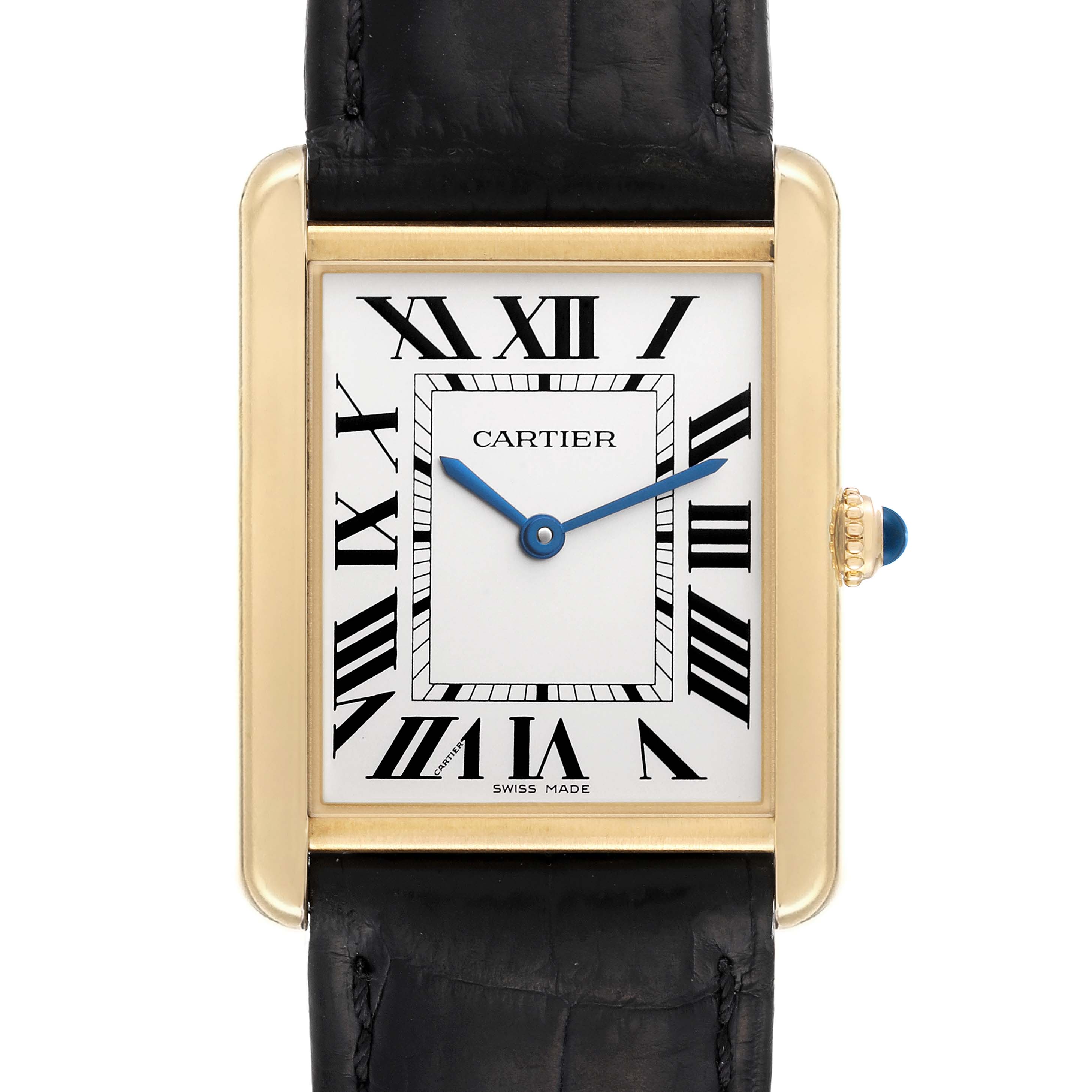 This image shows a Cartier Tank Solo W5200004 Men
s Yellow Gold Silver Dial W5200004 Men
s Yellow Gold Silver Dial watch face head-on, highlighting the gold casing, Roman numeral dial, and black leather strap.