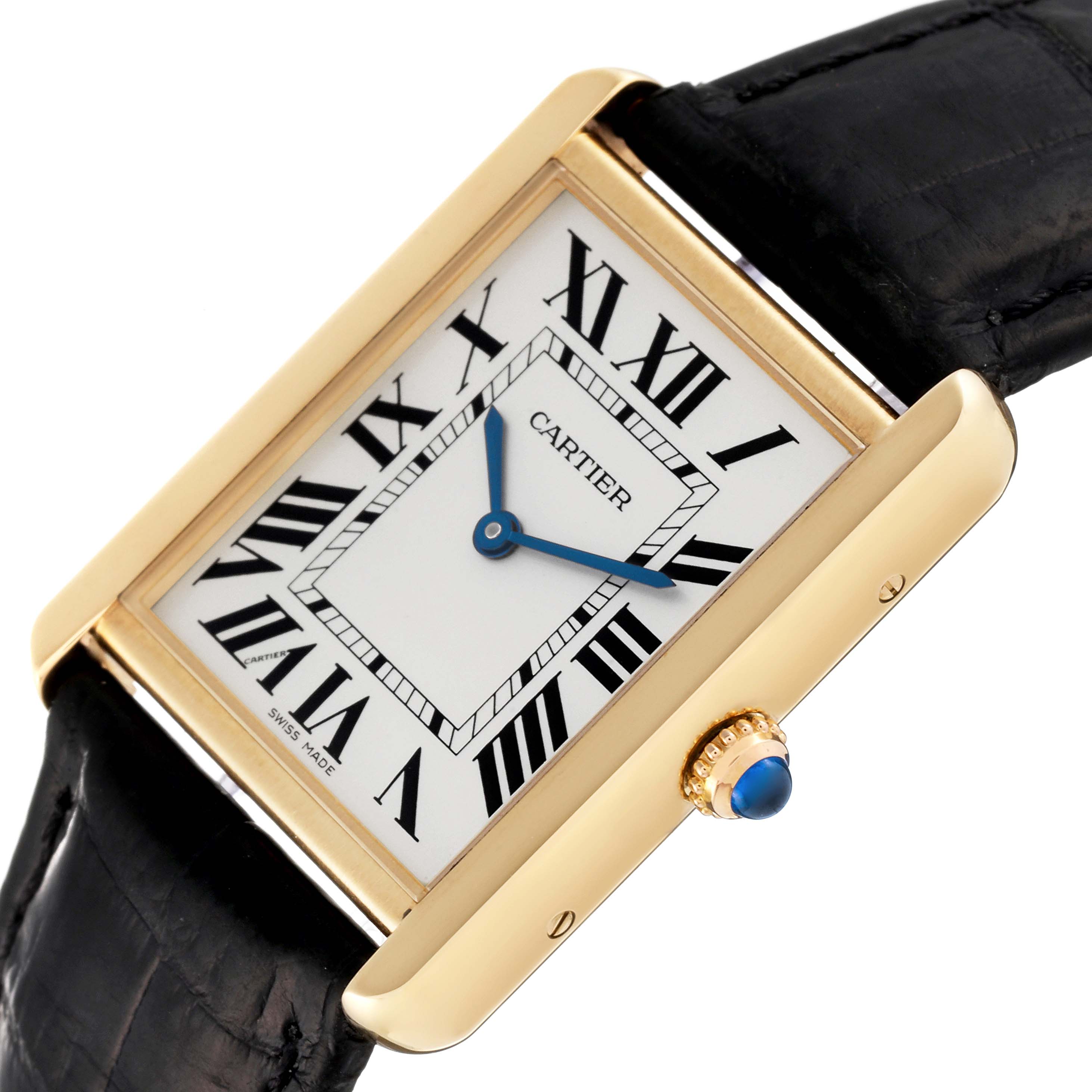 The image shows a close-up of the Cartier Tank Solo W5200004 Men
s Yellow Gold Silver Dial W5200004 Men
s Yellow Gold Silver Dial watch, highlighting its face, gold case, and black leather strap.
