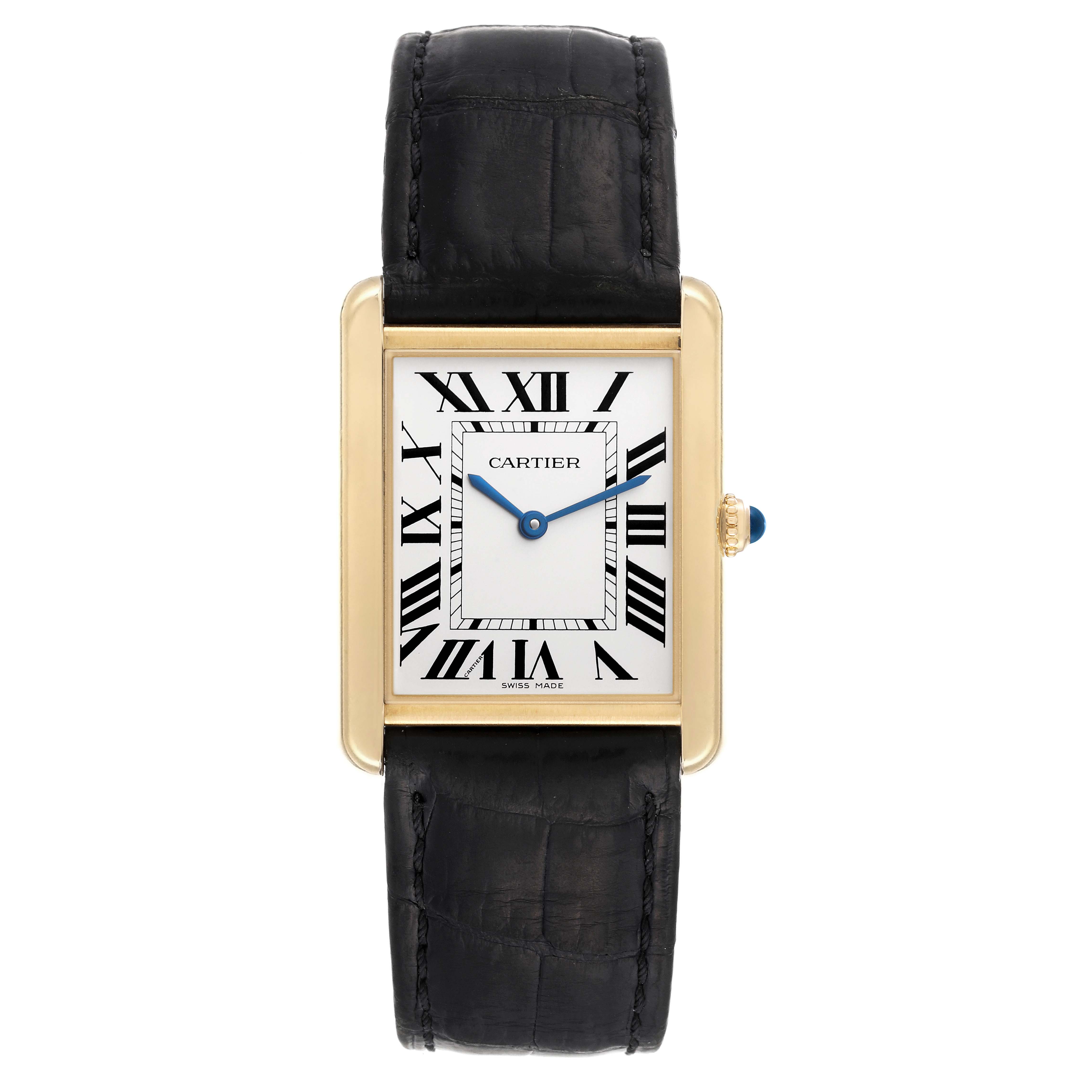 This image shows a front view of the Cartier Tank Solo W5200004 Men
s Yellow Gold Silver Dial W5200004 Men
s Yellow Gold Silver Dial watch, highlighting its rectangular face, Roman numerals, and black leather strap.
