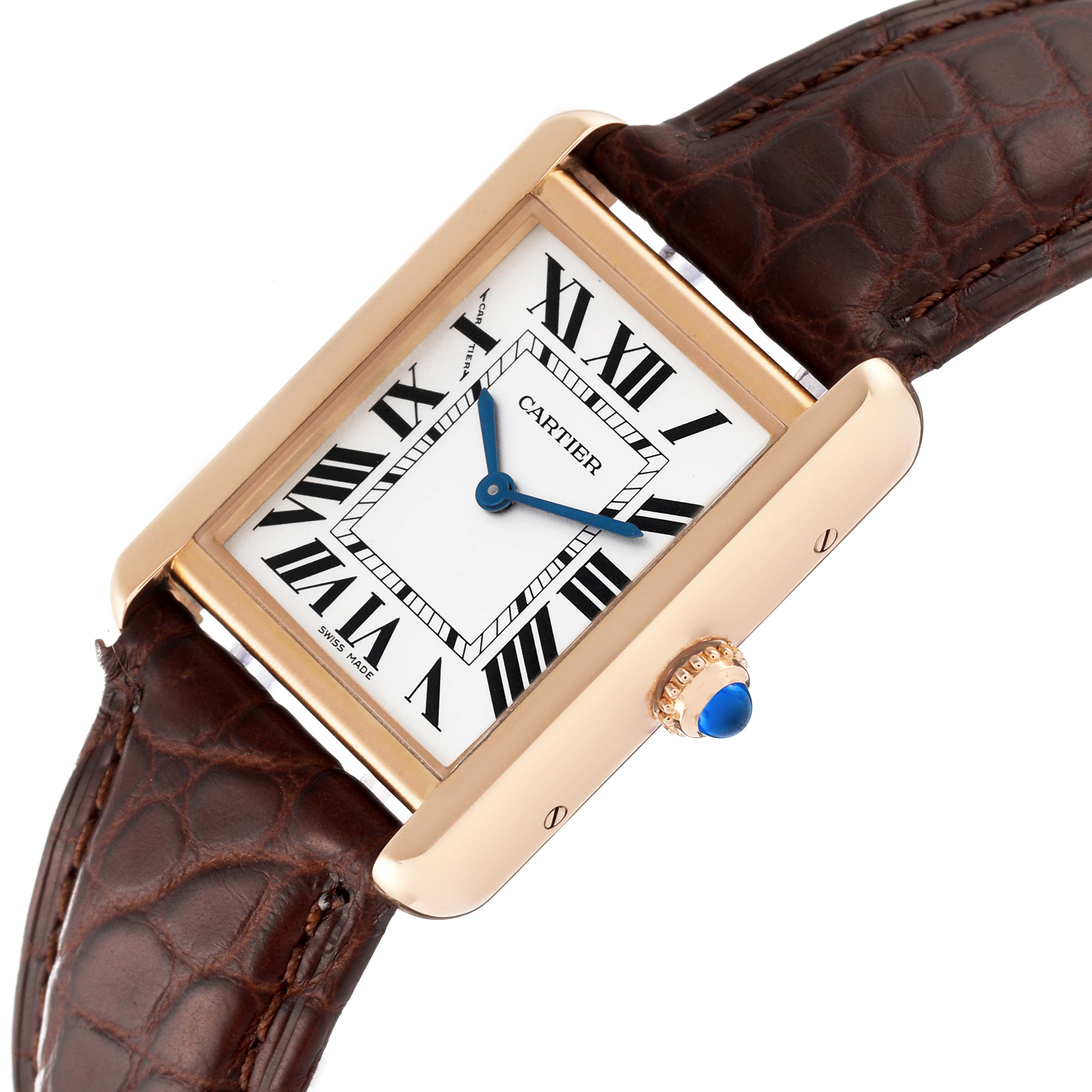 The image shows a Cartier Tank Solo W5200024 Women
s Rose Gold Silver Dial W5200024 Women
s Rose Gold Silver Dial watch at an angled view, highlighting the rectangular dial, brown leather strap, and blue cabochon crown.