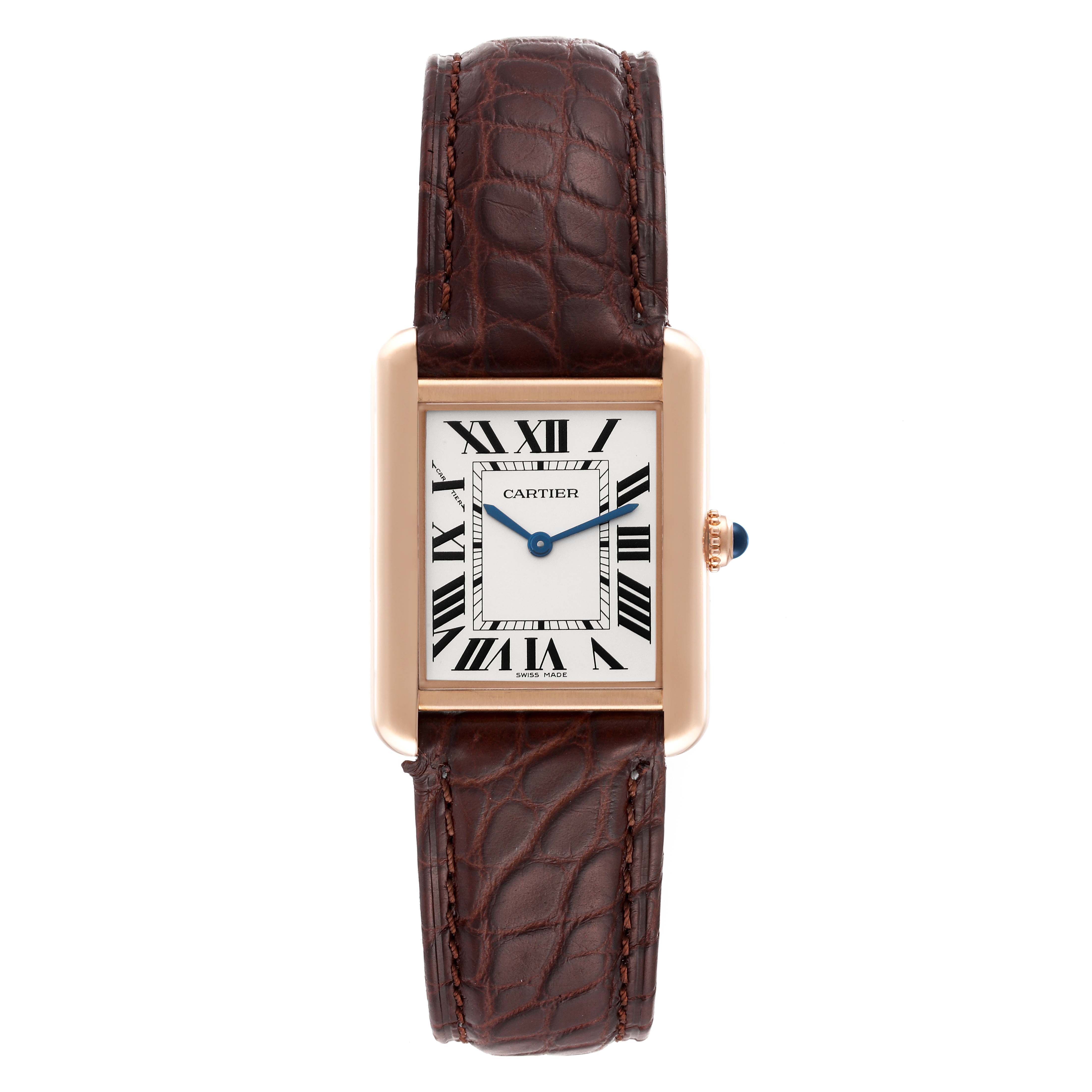 The image shows a front view of the Cartier Tank Solo W5200024 Women
s Rose Gold Silver Dial W5200024 Women
s Rose Gold Silver Dial watch with a brown leather strap and rose gold rectangular case.