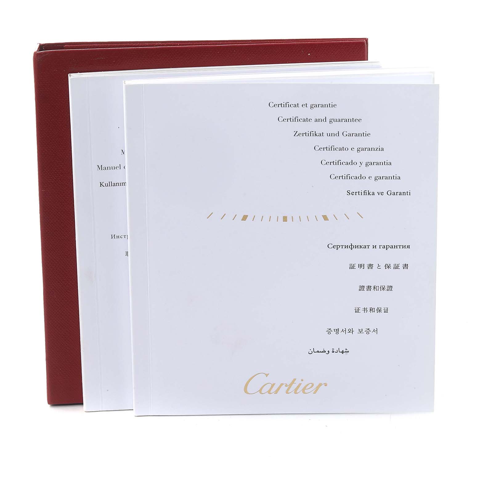 This image shows the certificate, guarantee, and instruction manuals for the Cartier Tank Solo W5200024 Women
s Rose Gold Silver Dial W5200024 Women
s Rose Gold Silver Dial watch.