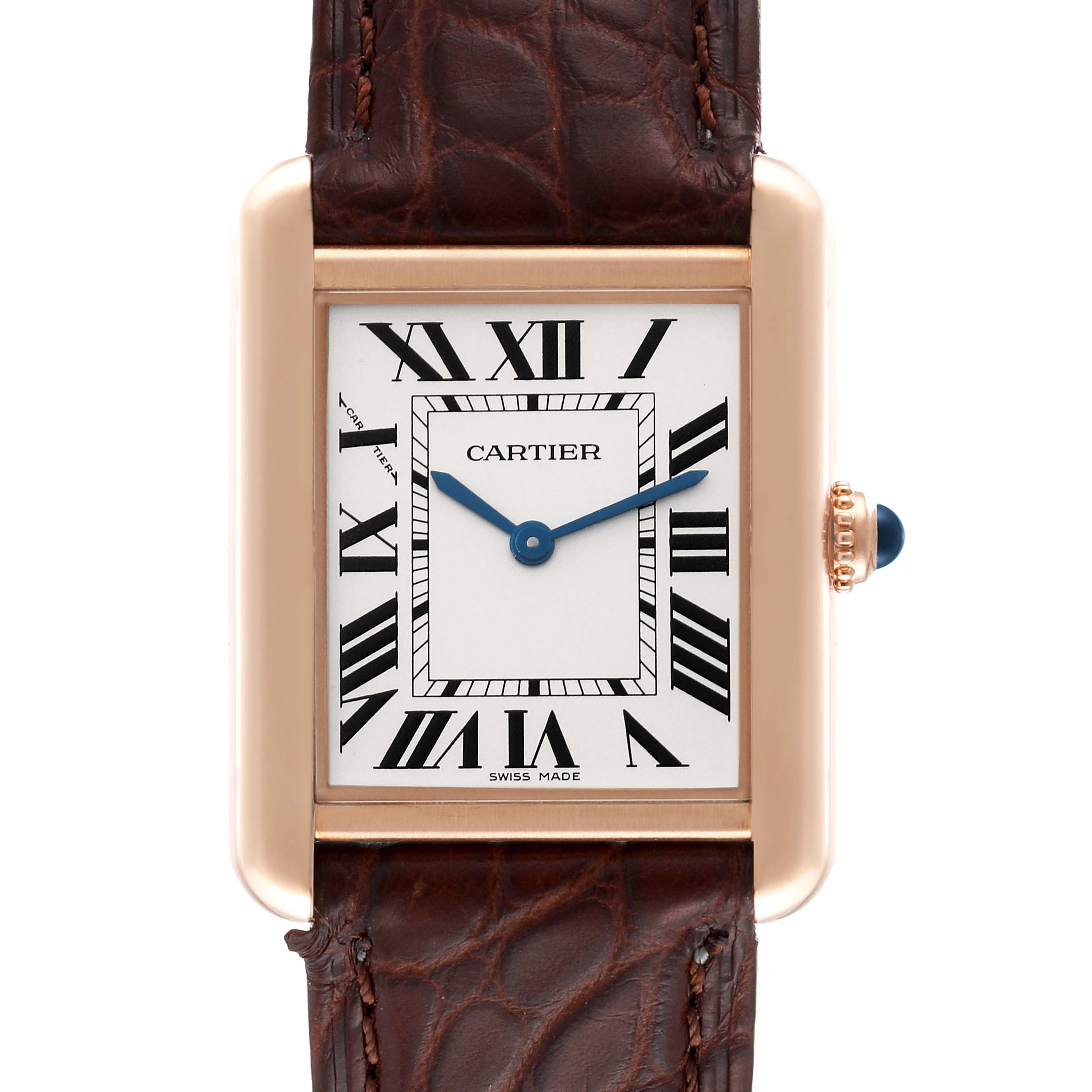 The image shows a front view of the Cartier Tank Solo W5200024 Women
s Rose Gold Silver Dial W5200024 Women
s Rose Gold Silver Dial watch, including its rectangular dial, Roman numerals, and leather strap.