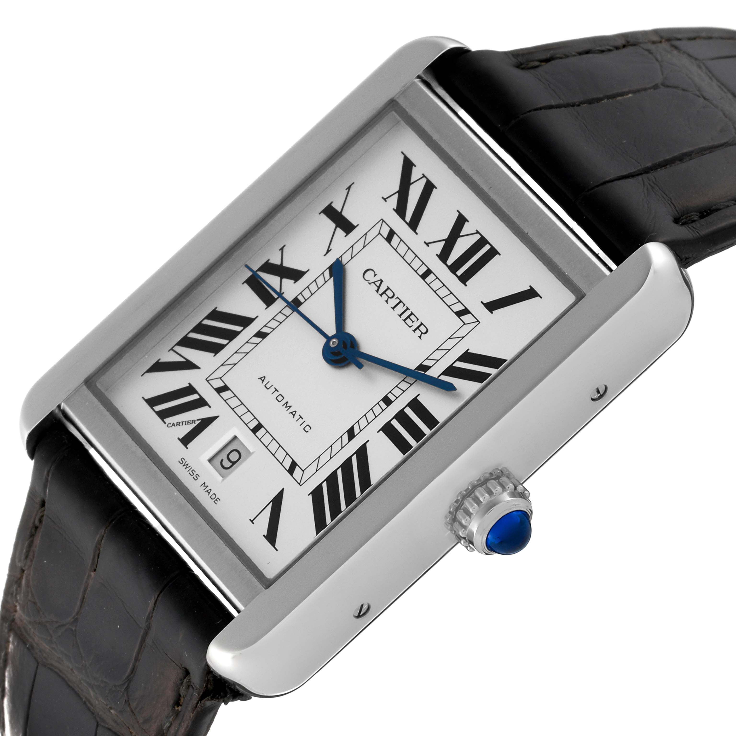 The image shows a Cartier Tank Solo WSTA0029 Men
s Stainless Steel Silver Dial WSTA0029 Men
s Stainless Steel Silver Dial watch at a slight angle, highlighting the dial, crown, and leather strap.