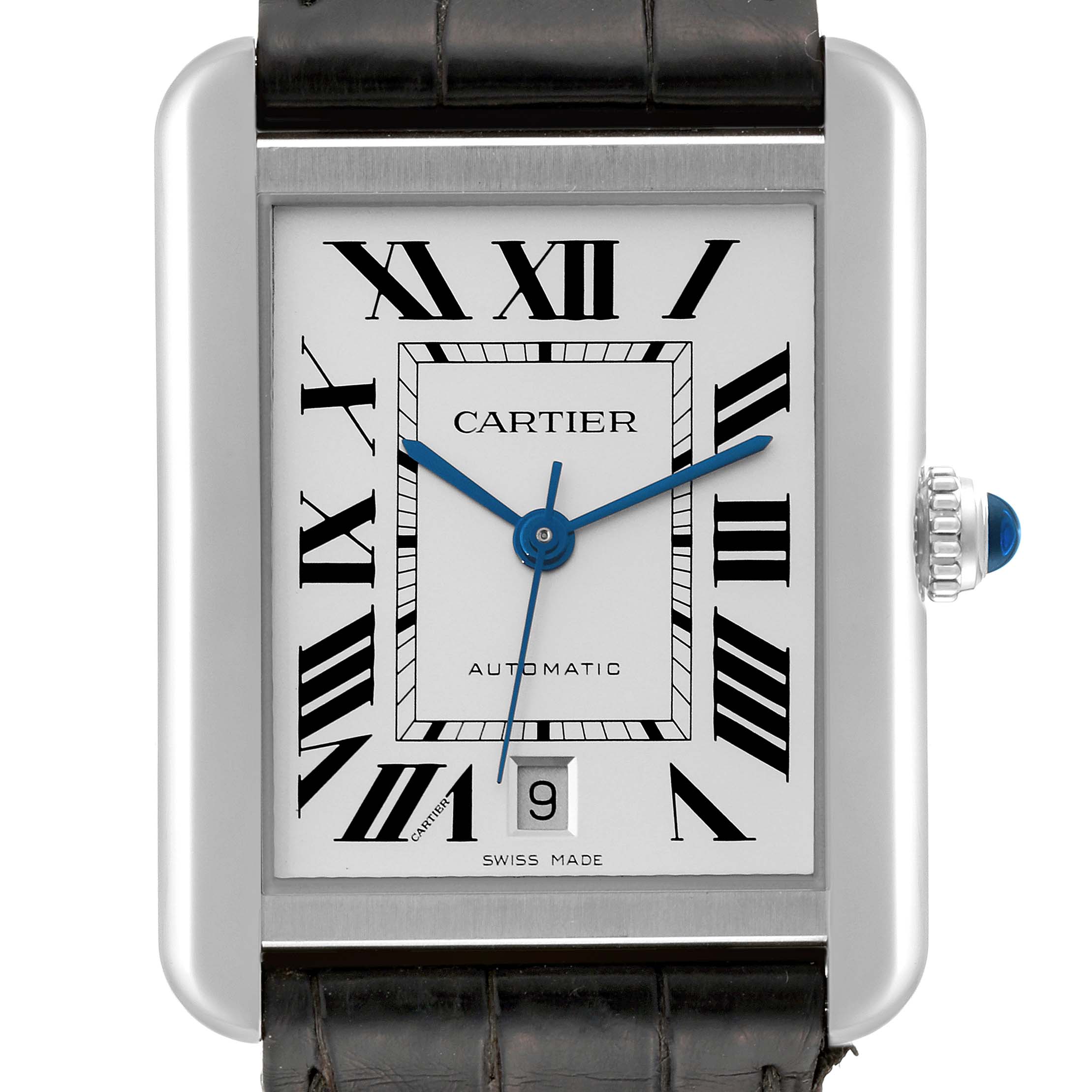The image shows a front view of the Cartier Tank Solo WSTA0029 Men
s Stainless Steel Silver Dial WSTA0029 Men
s Stainless Steel Silver Dial watch, highlighting its dial, Roman numerals, date window, and crown.