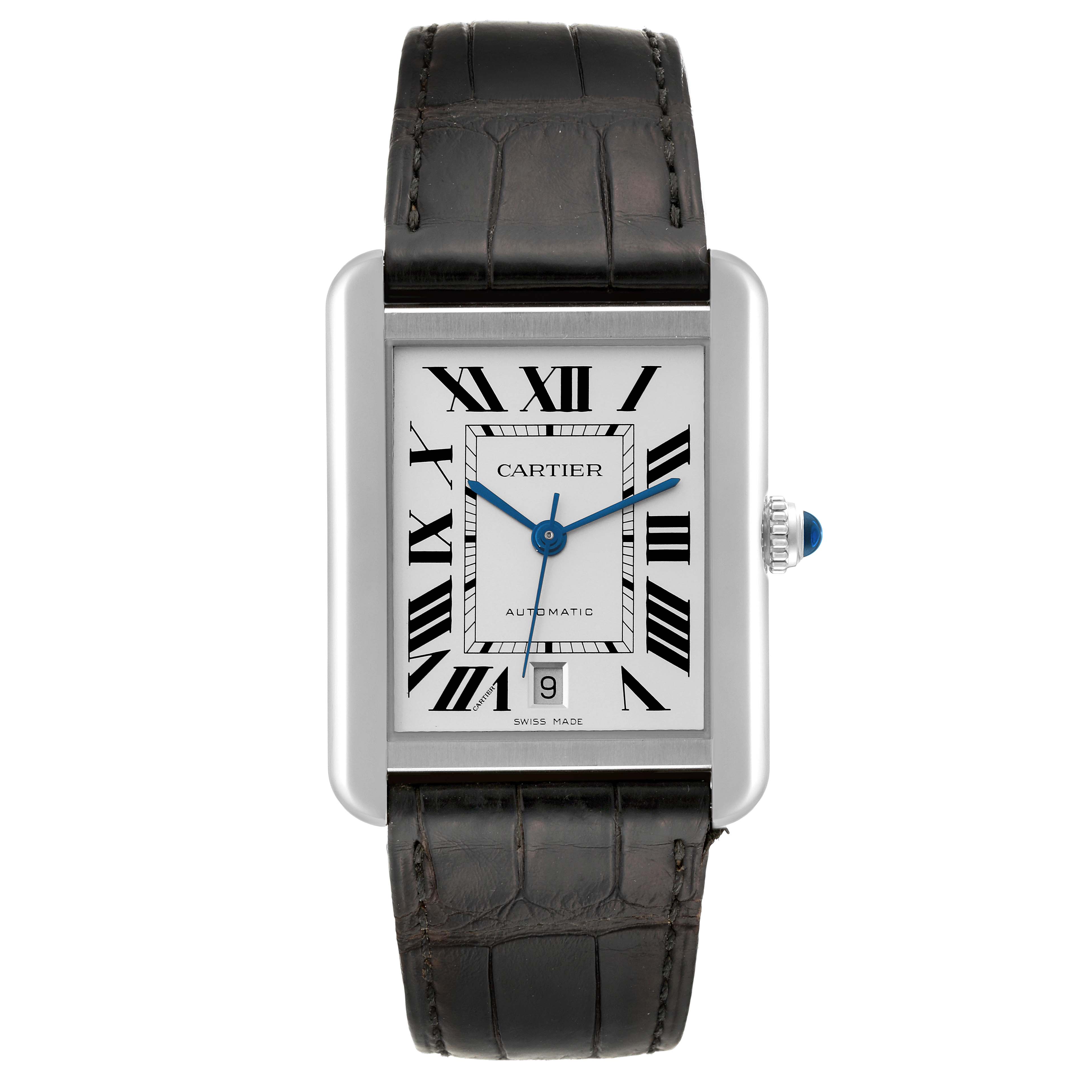 The Cartier Tank Solo WSTA0029 Men
s Stainless Steel Silver Dial WSTA0029 Men
s Stainless Steel Silver Dial watch is shown from a front angle, displaying its dial, hands, case, and strap.