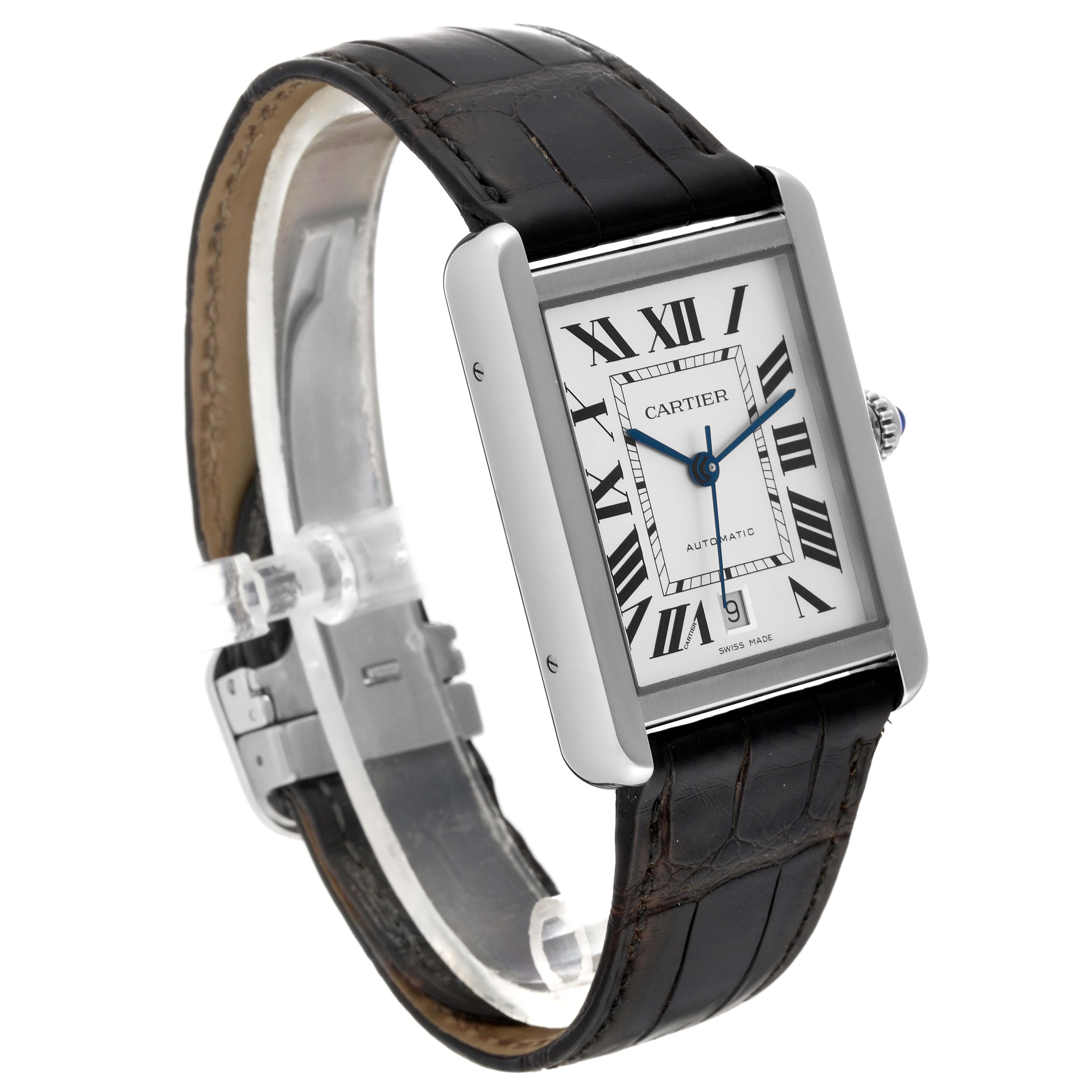 This image shows a Cartier Tank Solo WSTA0029 Men
s Stainless Steel Silver Dial WSTA0029 Men
s Stainless Steel Silver Dial watch at an angled side view, displaying the face, leather strap, and buckle.
