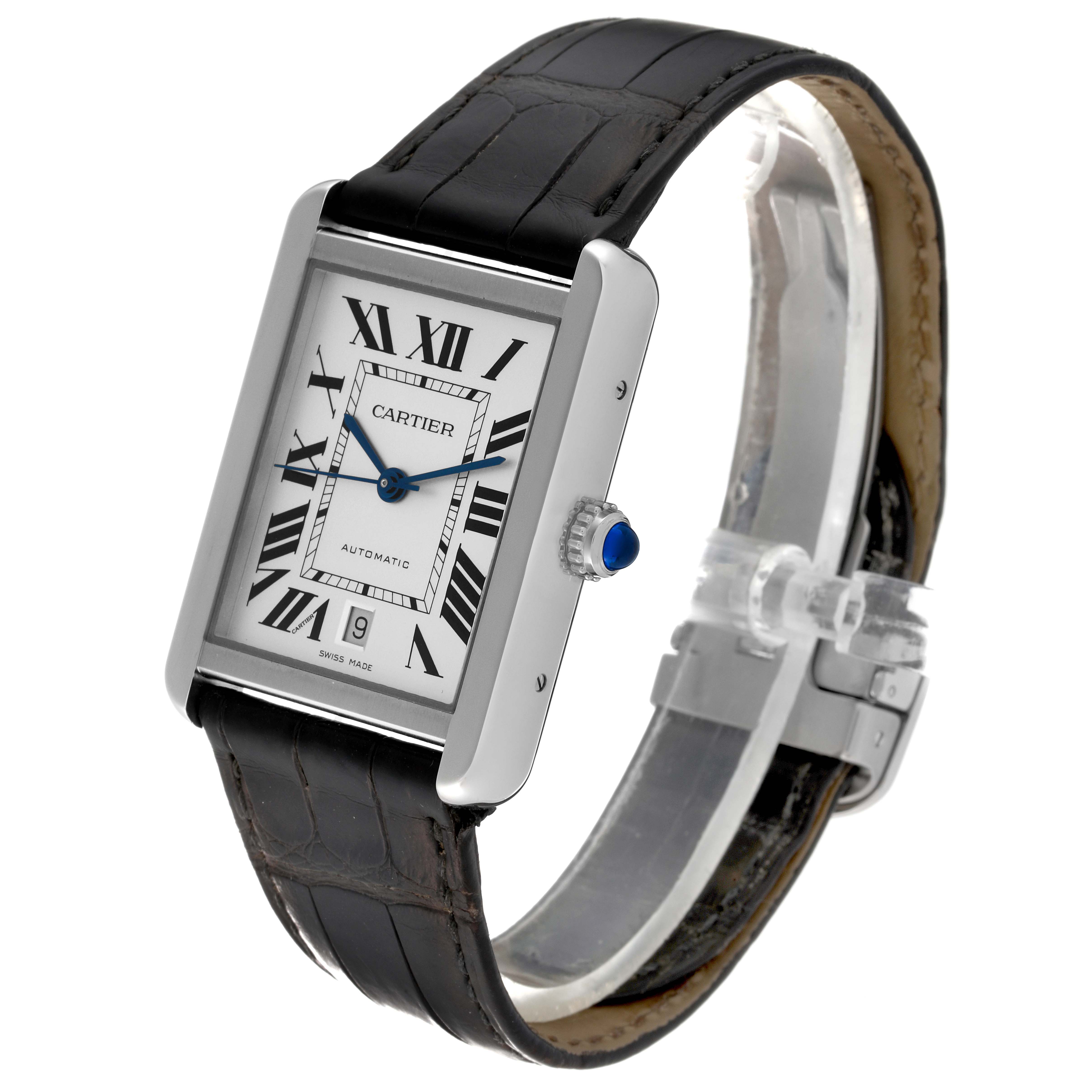 The image shows a Cartier Tank Solo WSTA0029 Men
s Stainless Steel Silver Dial WSTA0029 Men
s Stainless Steel Silver Dial watch at a three-quarter angle, highlighting its face, strap, crown, and clasp.