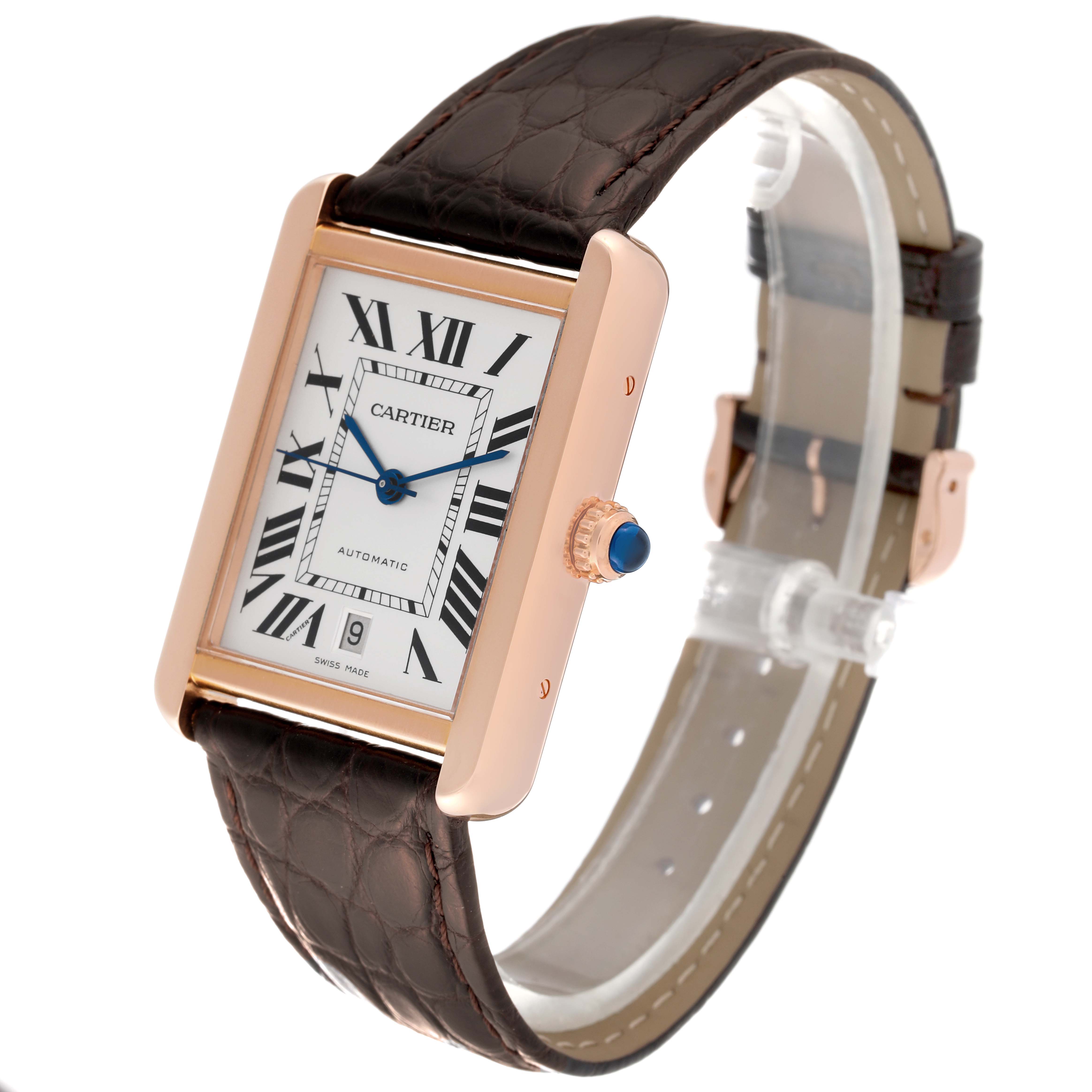 The Cartier Tank Solo W5200026 Men
s Steel and Gold (two tone) Silver Dial W5200026 Men
s Steel and Gold (two tone) Silver Dial watch is shown at a slight angle, highlighting its face, casing, crown, and leather strap.