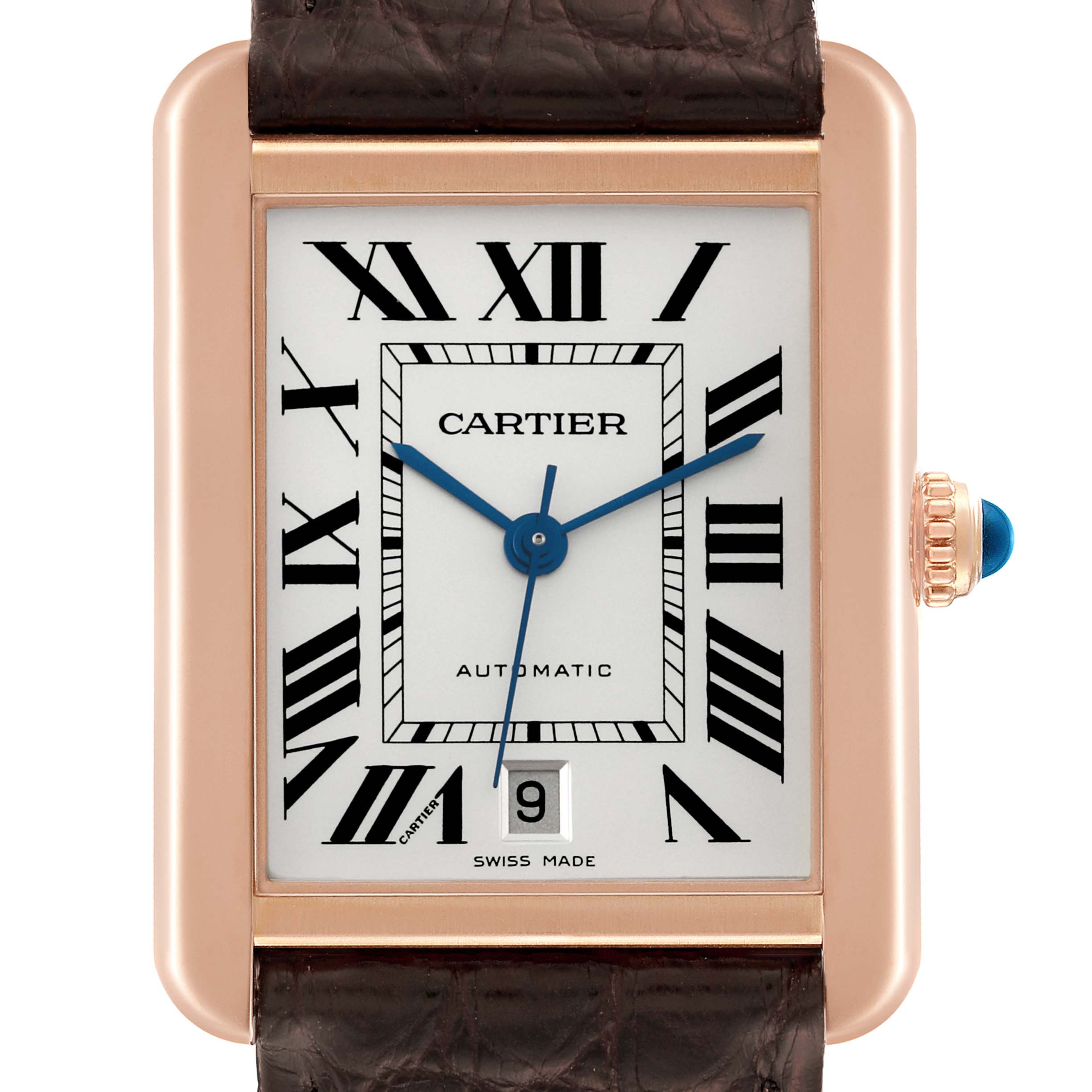 This image shows a Cartier Tank Solo W5200026 Men
s Steel and Gold (two tone) Silver Dial W5200026 Men
s Steel and Gold (two tone) Silver Dial watch from a front angle, highlighting its rectangular face, Roman numerals, and date window.