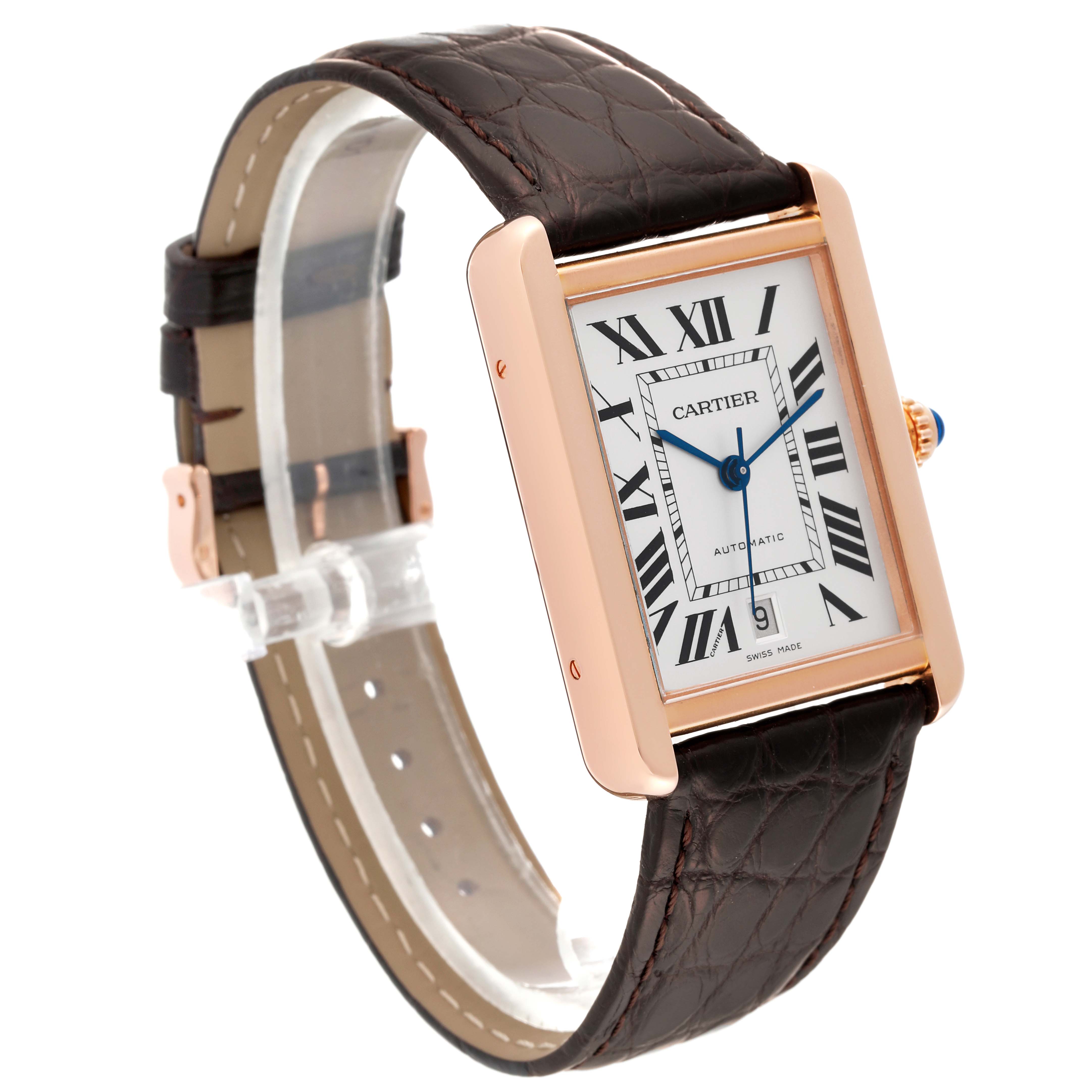 The image shows a Cartier Tank Solo W5200026 Men
s Steel and Gold (two tone) Silver Dial W5200026 Men
s Steel and Gold (two tone) Silver Dial watch at a three-quarter angle, featuring its rectangular dial, leather strap, and blue-steeled hands.