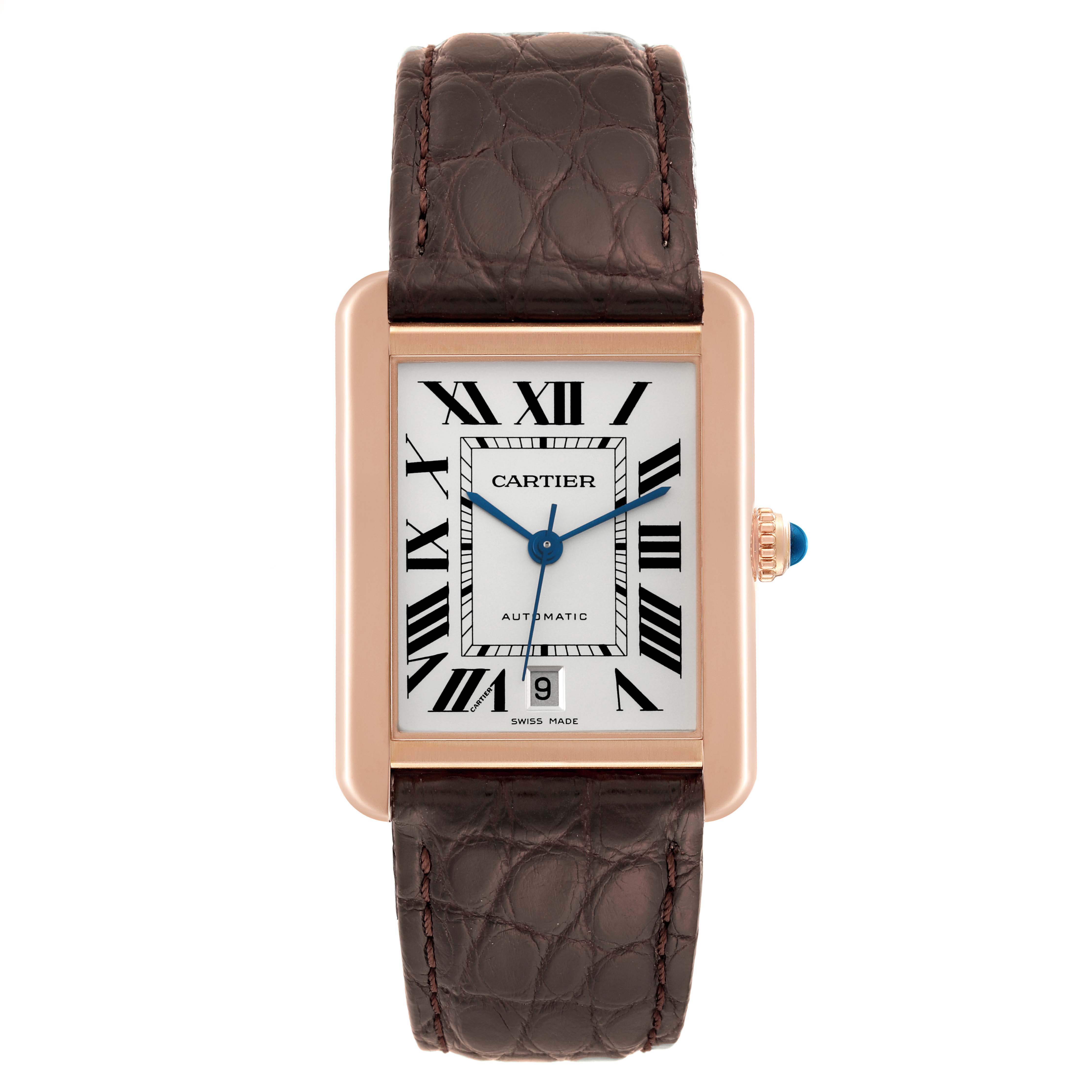 The Cartier Tank Solo W5200026 Men
s Steel and Gold (two tone) Silver Dial W5200026 Men
s Steel and Gold (two tone) Silver Dial watch is shown from a front angle, displaying its face, bezel, and leather strap.