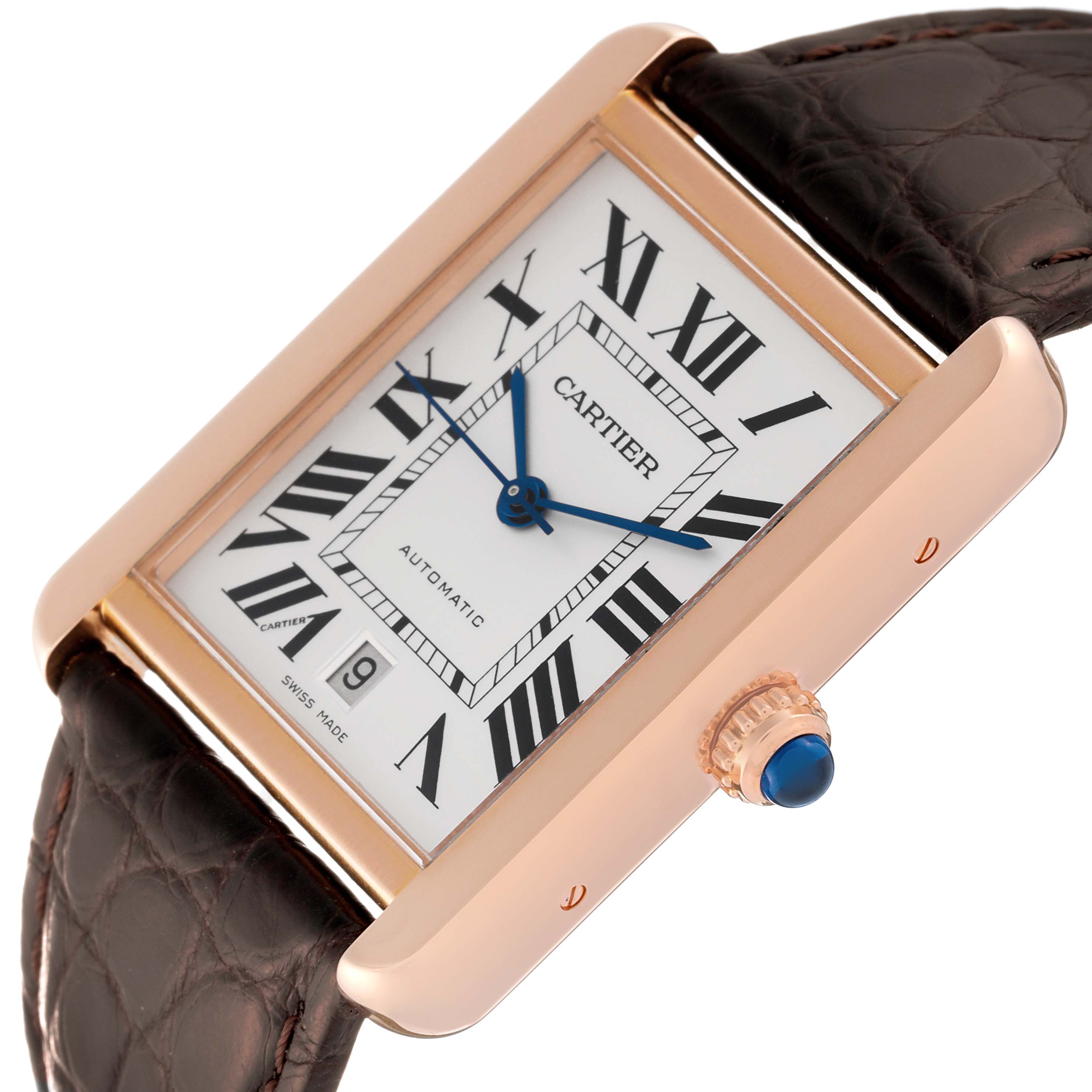 The image shows a close-up, angled view of the Cartier Tank Solo W5200026 Men
s Steel and Gold (two tone) Silver Dial W5200026 Men
s Steel and Gold (two tone) Silver Dial watch, highlighting its dial, crown, and leather strap.