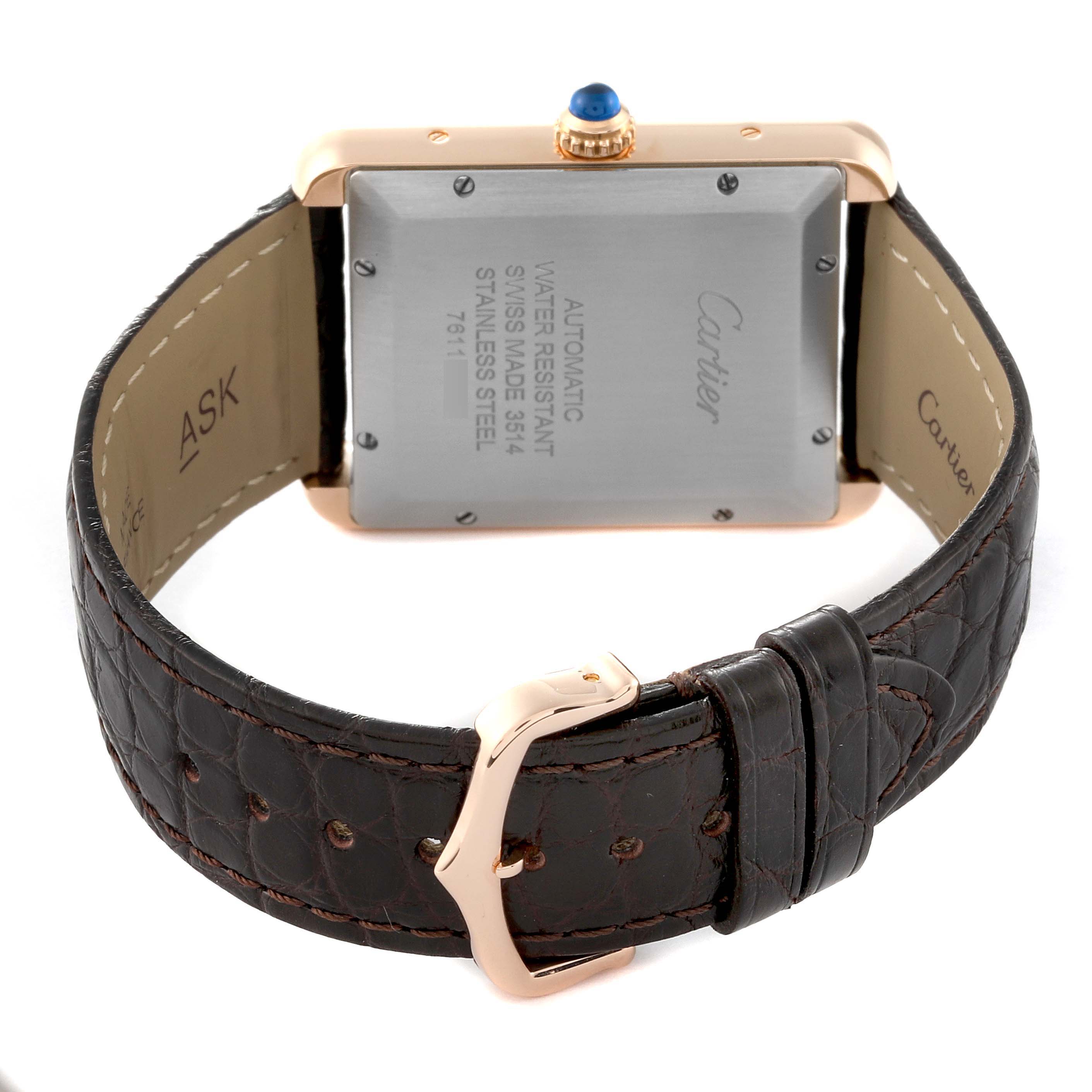 The image shows the back view of the Cartier Tank Solo W5200026 Men
s Steel and Gold (two tone) Silver Dial W5200026 Men
s Steel and Gold (two tone) Silver Dial watch, including the case back, strap, and buckle.