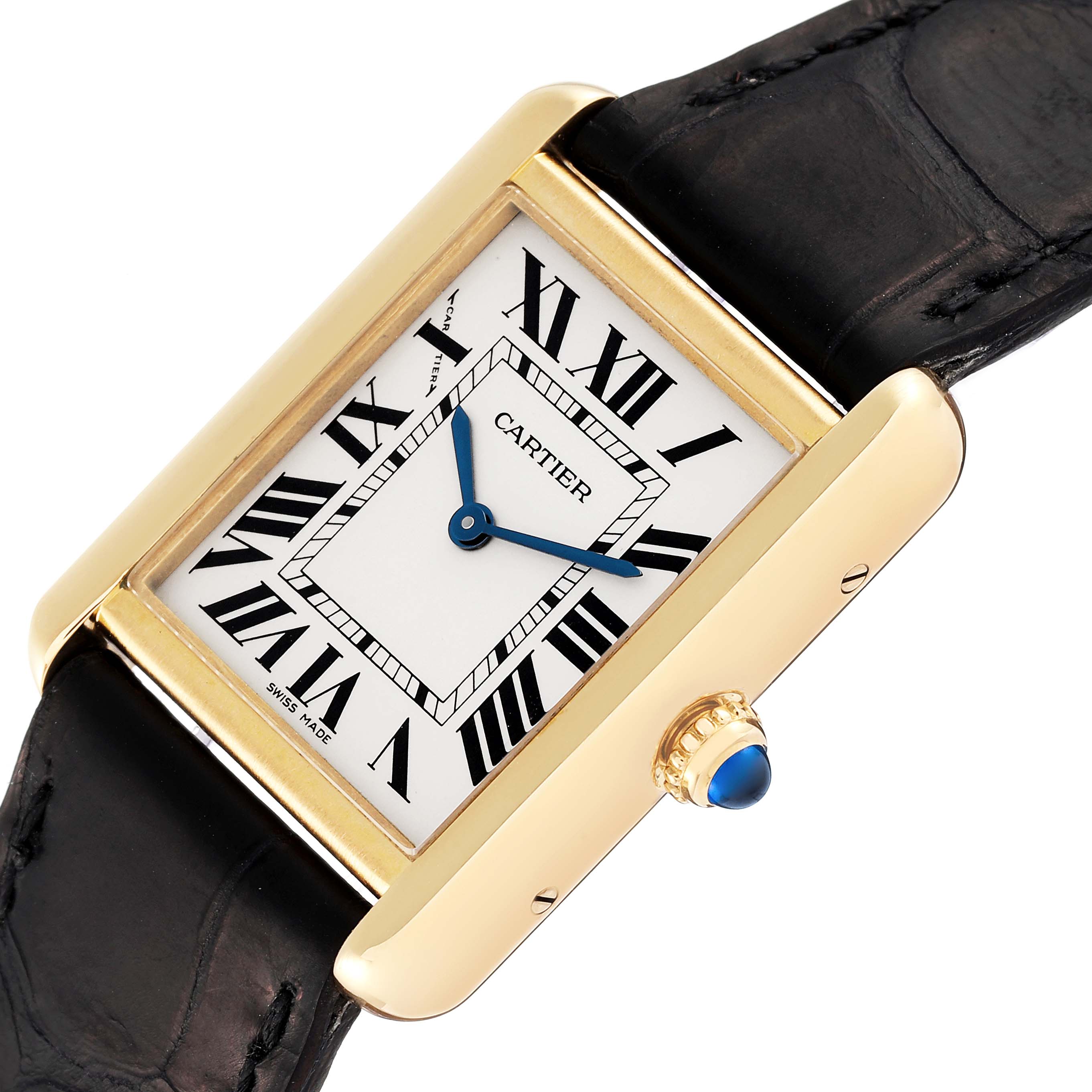 This is a close-up angled view of the Cartier Tank Solo W5200002 Women's Yellow Gold Silver Dial W5200002 Women's Yellow Gold Silver Dial watch, showcasing the dial and part of the strap.
