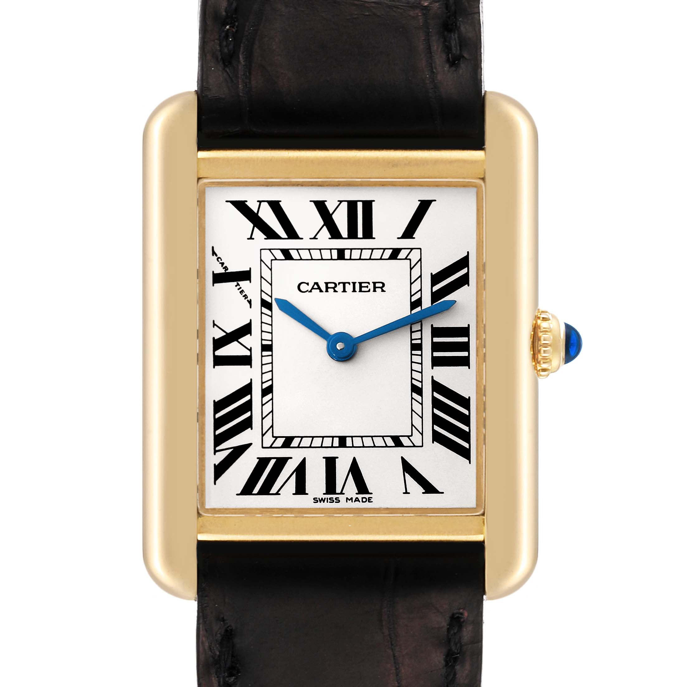 The image shows a front view of the Cartier Tank Solo W5200002 Women's Yellow Gold Silver Dial W5200002 Women's Yellow Gold Silver Dial watch, displaying its rectangular face, Roman numeral markers, and blue hands.