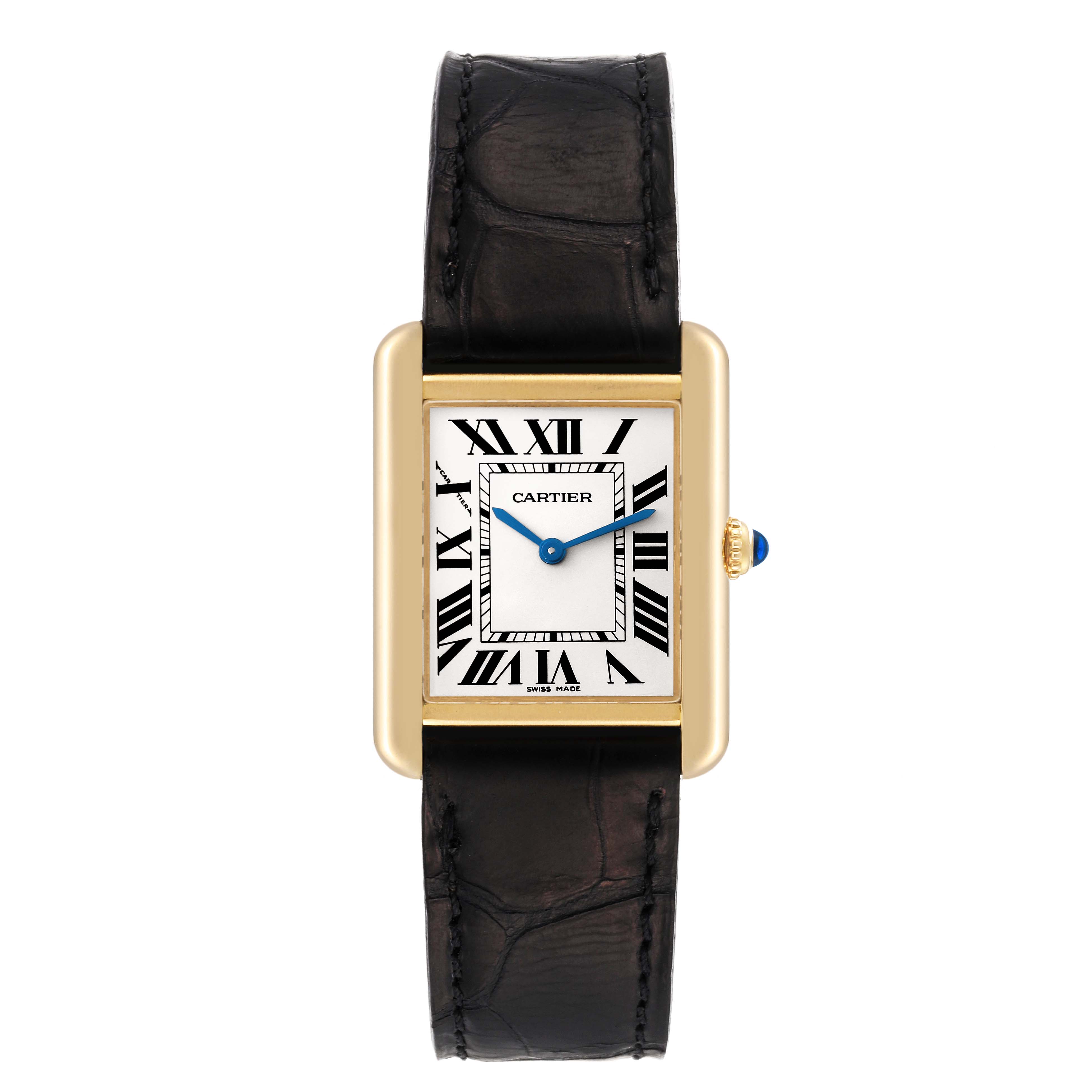 The image shows a front view of a Cartier Tank Solo W5200002 Women's Yellow Gold Silver Dial W5200002 Women's Yellow Gold Silver Dial watch with a gold case, white dial with Roman numerals, and a black leather strap.