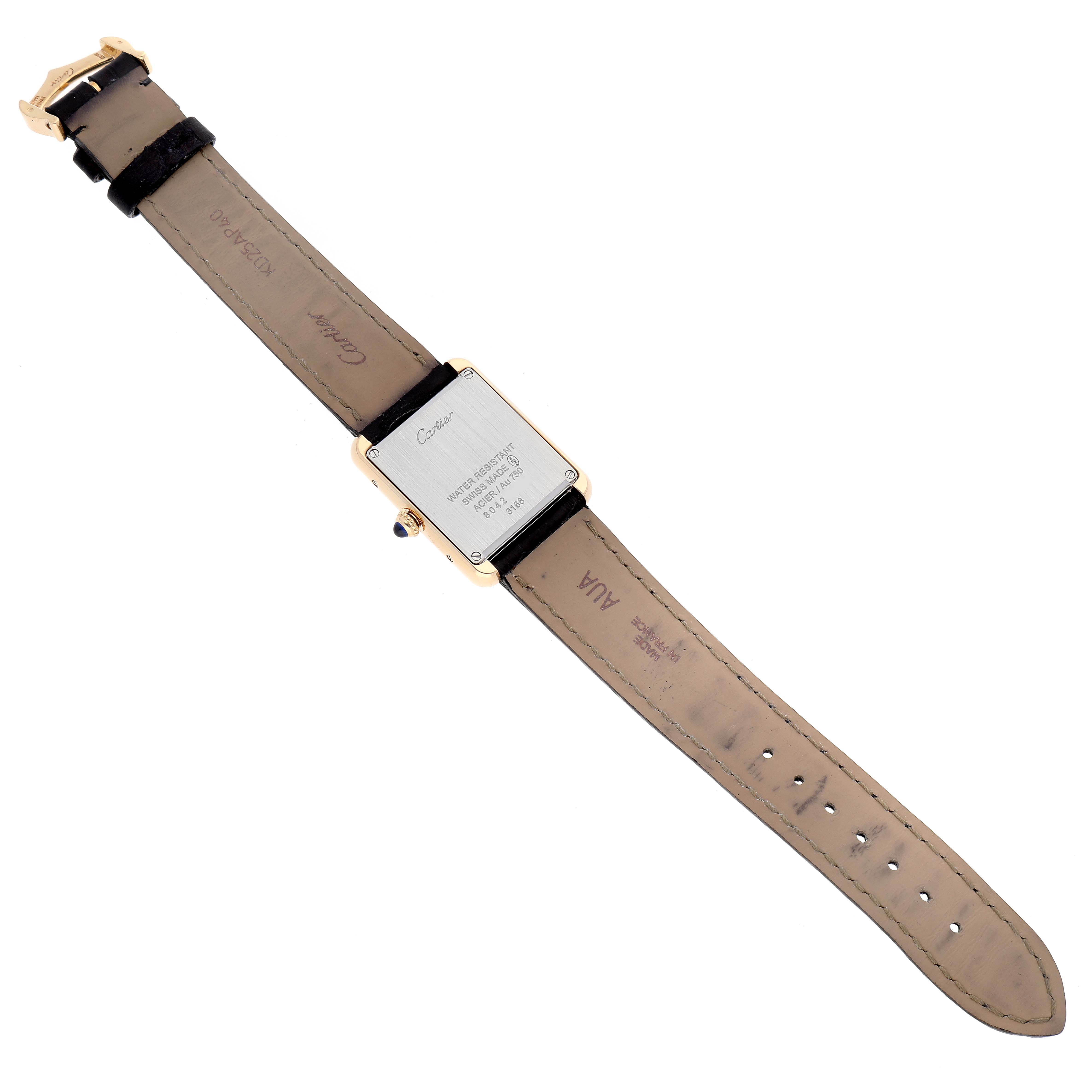 The Cartier Tank Solo W5200002 Women's Yellow Gold Silver Dial W5200002 Women's Yellow Gold Silver Dial watch is shown from the back, displaying the case back and both sides of the leather strap.