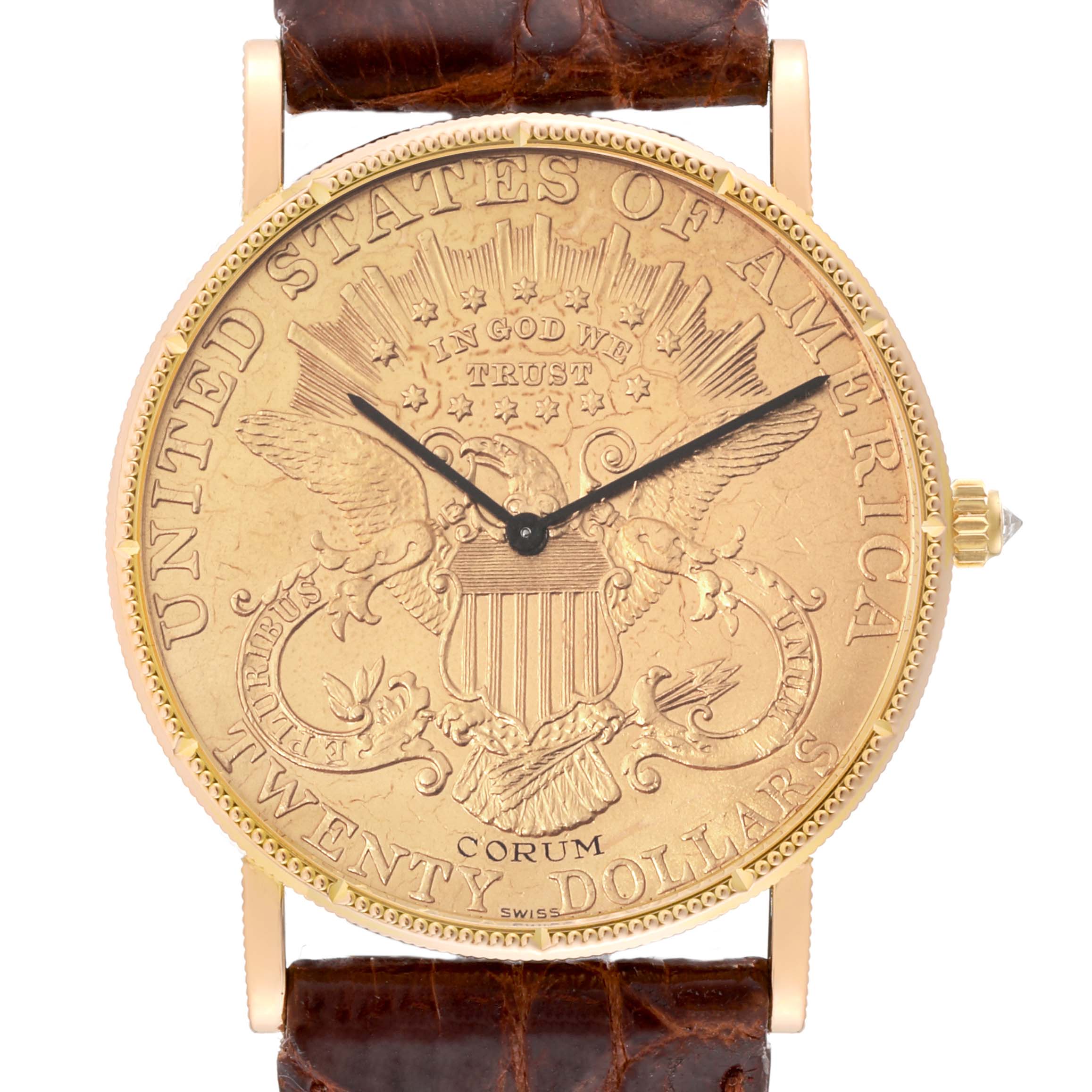 The image shows the face of the Corum Coin Watch 1896 Men's Yellow Gold Champagne Dial 1896 Men's Yellow Gold Champagne Dial model with a gold coin dial, black hands, and a brown leather strap.