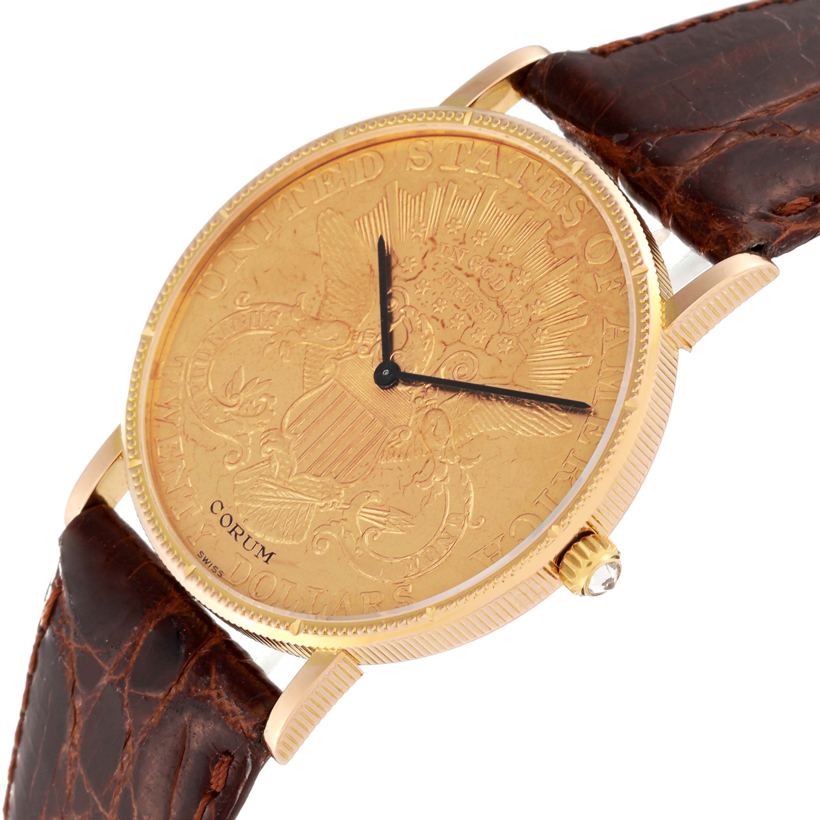 The image shows a Corum Coin Watch 1896 Men's Yellow Gold Champagne Dial 1896 Men's Yellow Gold Champagne Dial model at an angled view, highlighting its gold coin-like face and brown leather strap.