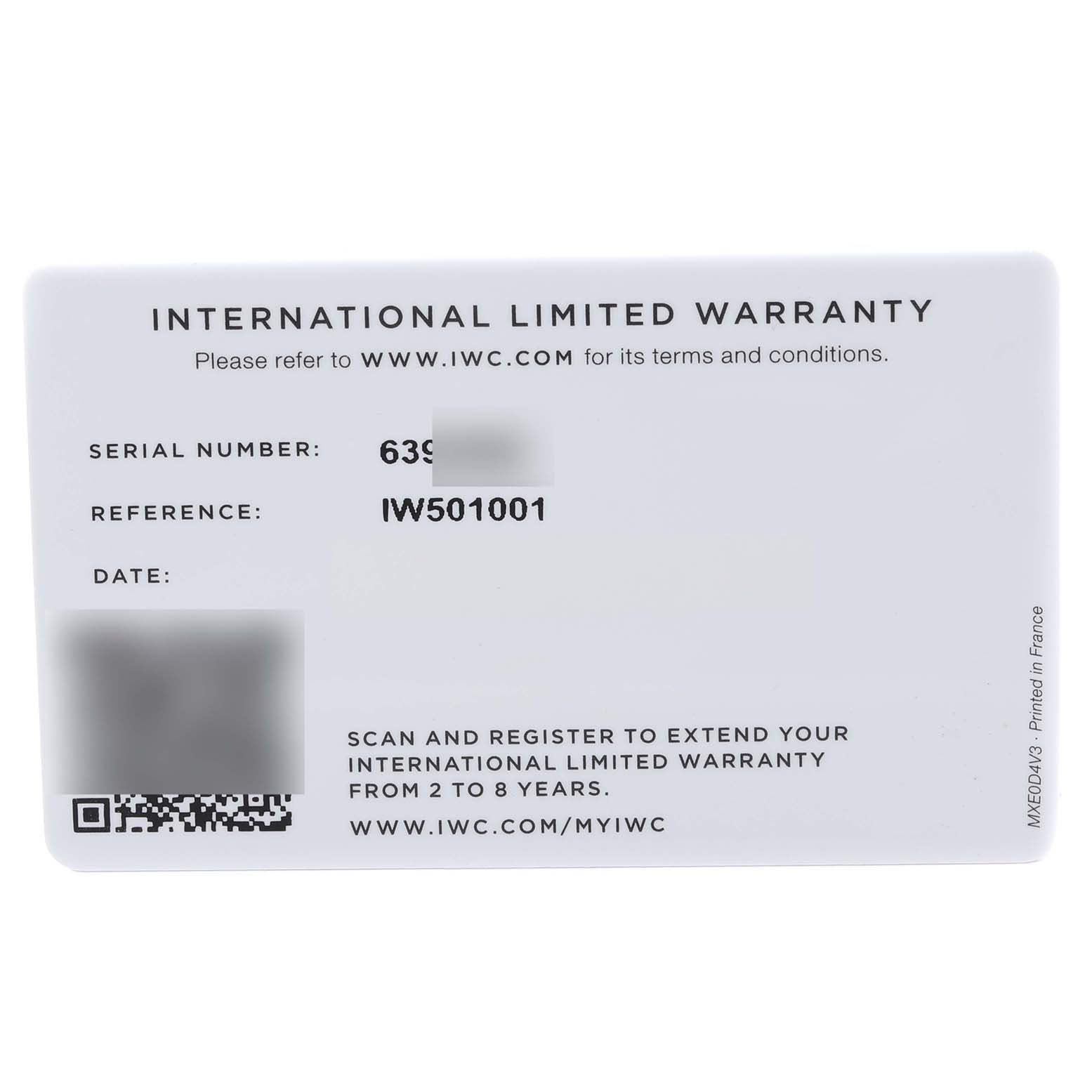 This is a close-up image of the International Limited Warranty card for the IWC Pilot IW501001 Men
s Stainless Steel Black Dial IW501001 Men
s Stainless Steel Black Dial model watch, showing reference number and serial number details.