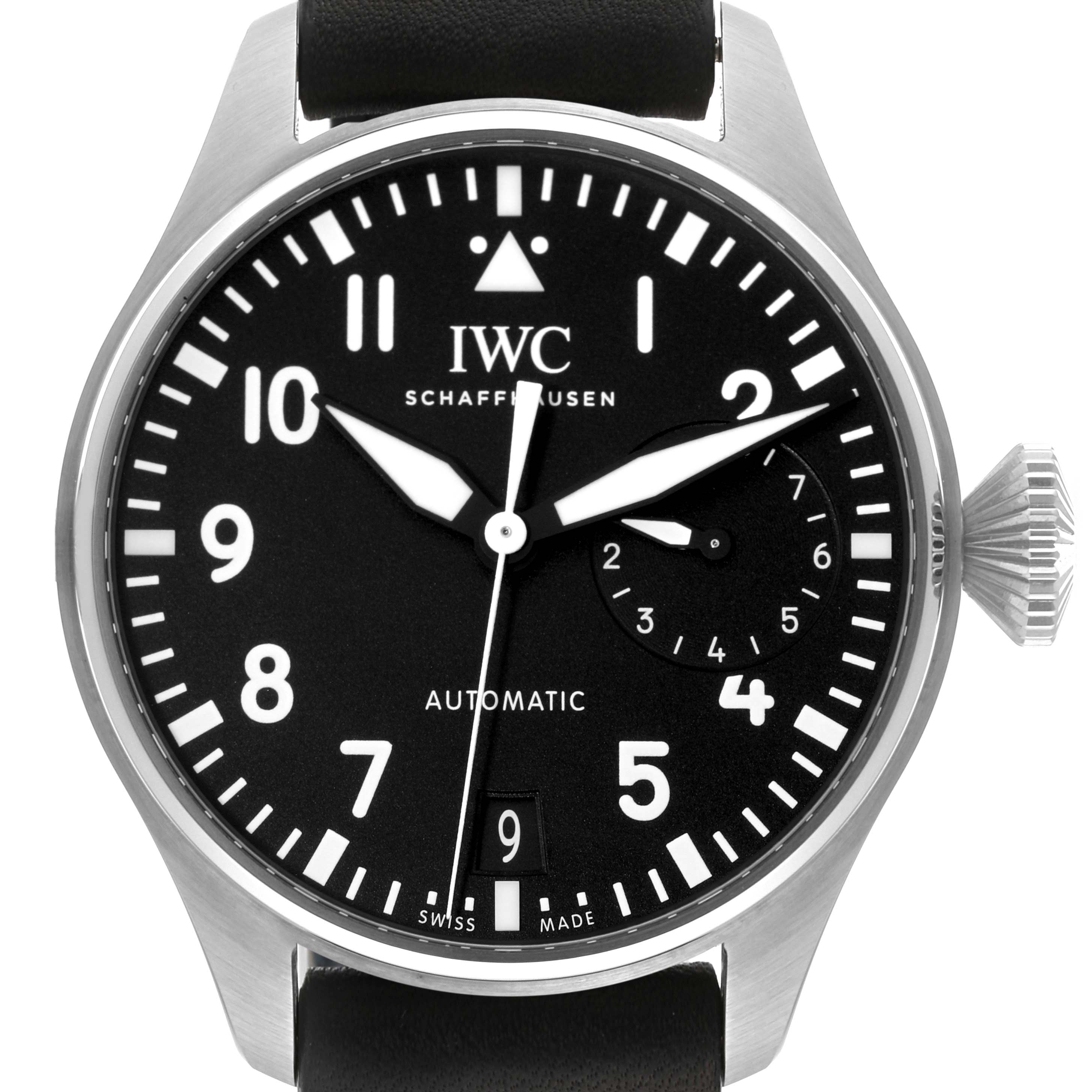 The IWC Pilot IW501001 Men
s Stainless Steel Black Dial IW501001 Men
s Stainless Steel Black Dial watch is shown from the front, highlighting its black dial, white numerals, and crown on the right side.