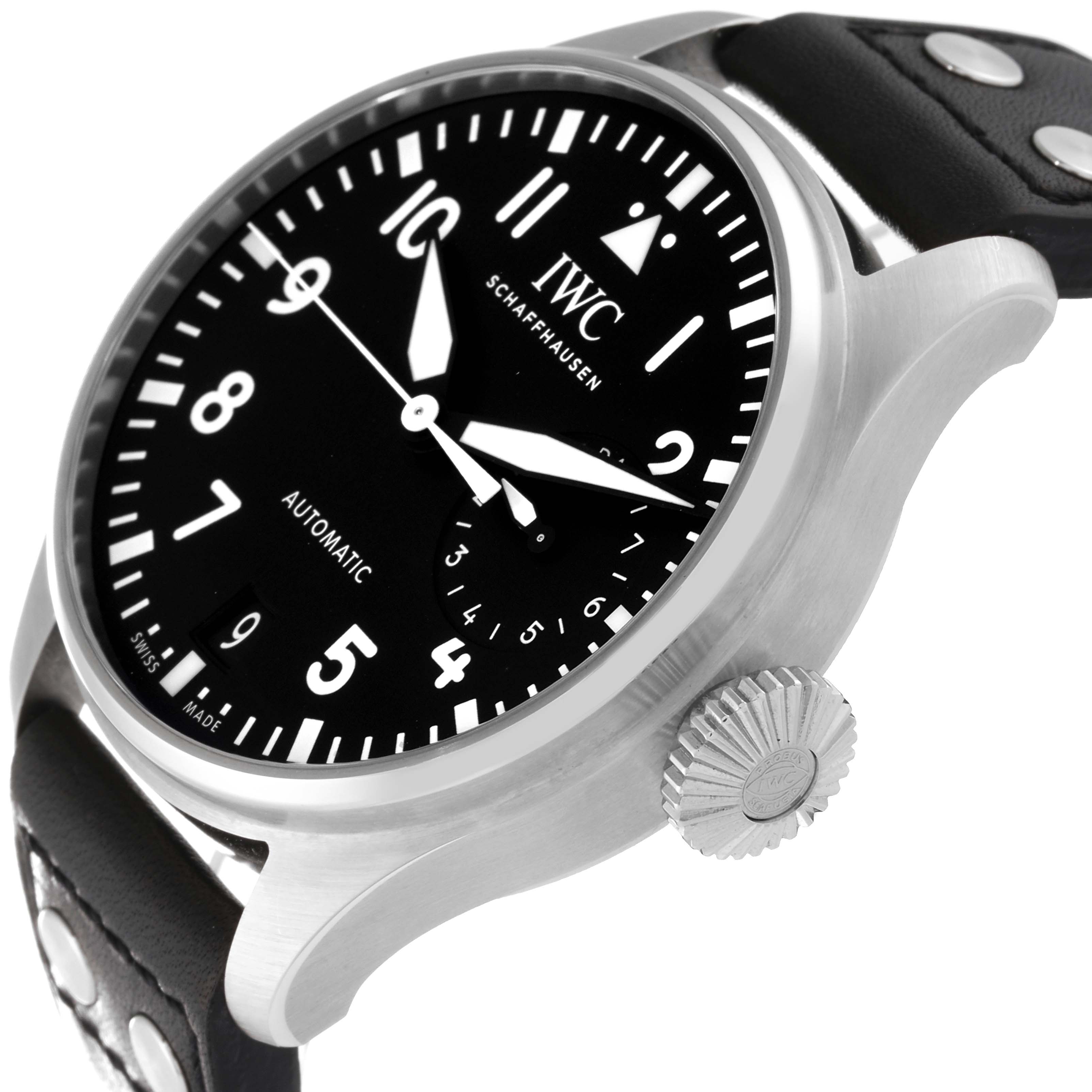 The image shows a side angle of the IWC Pilot IW501001 Men
s Stainless Steel Black Dial IW501001 Men
s Stainless Steel Black Dial watch, highlighting the face, crown, and leather strap.