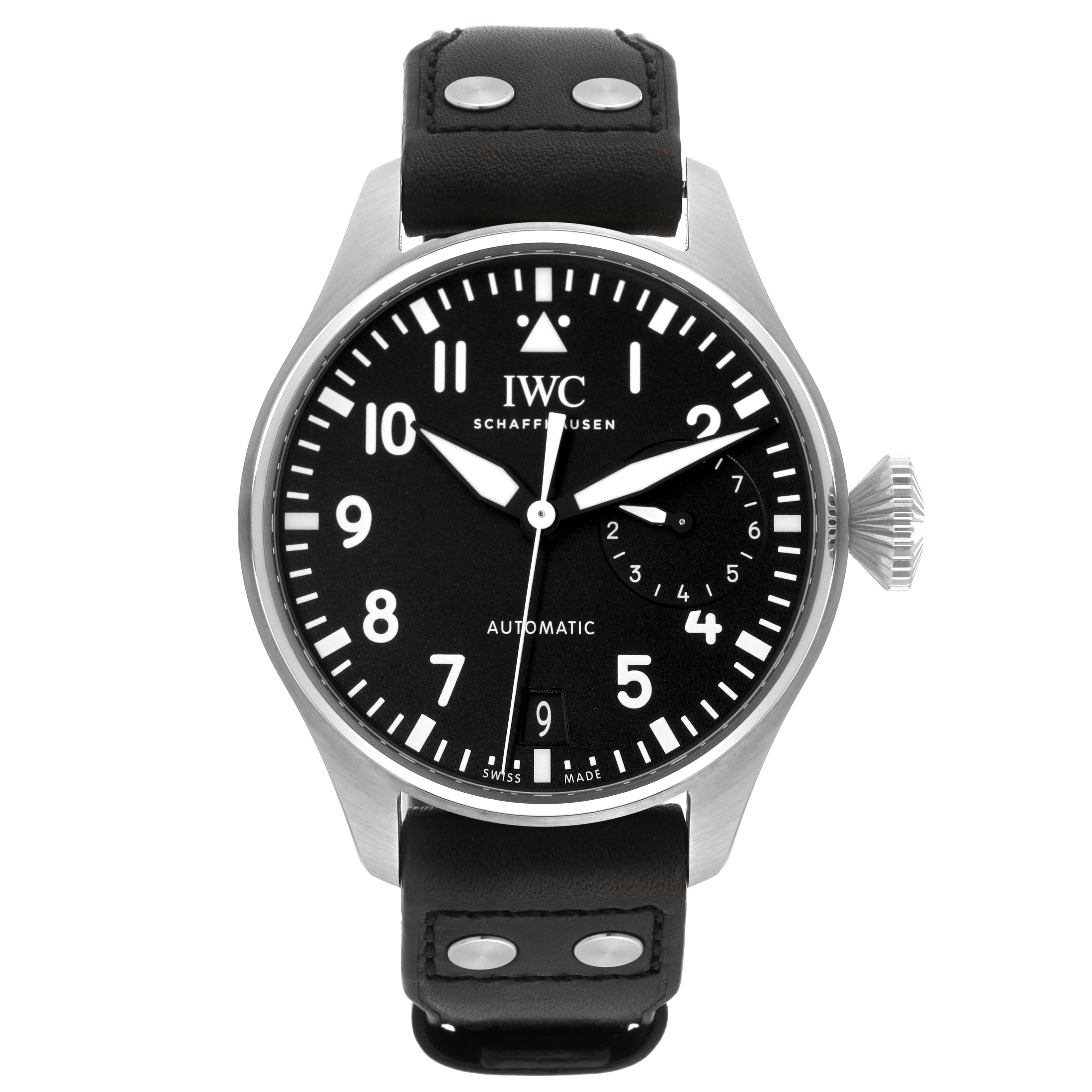 The image shows a front view of the IWC Pilot IW501001 Men
s Stainless Steel Black Dial IW501001 Men
s Stainless Steel Black Dial model watch, highlighting the dial, hands, and strap.